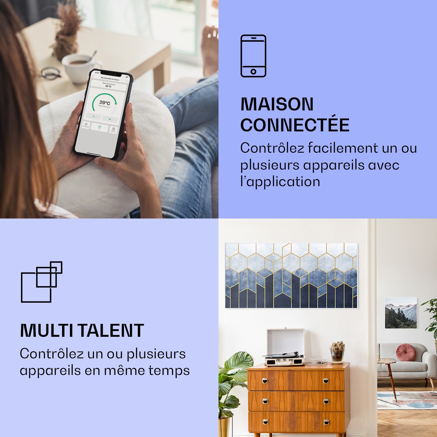 Radiateur infrarouge intelligent Wonderwall Air Art décor ligne bleue 120x60 cm 700 W 120 x 60 cm | Ligne bleue, cadre blanc