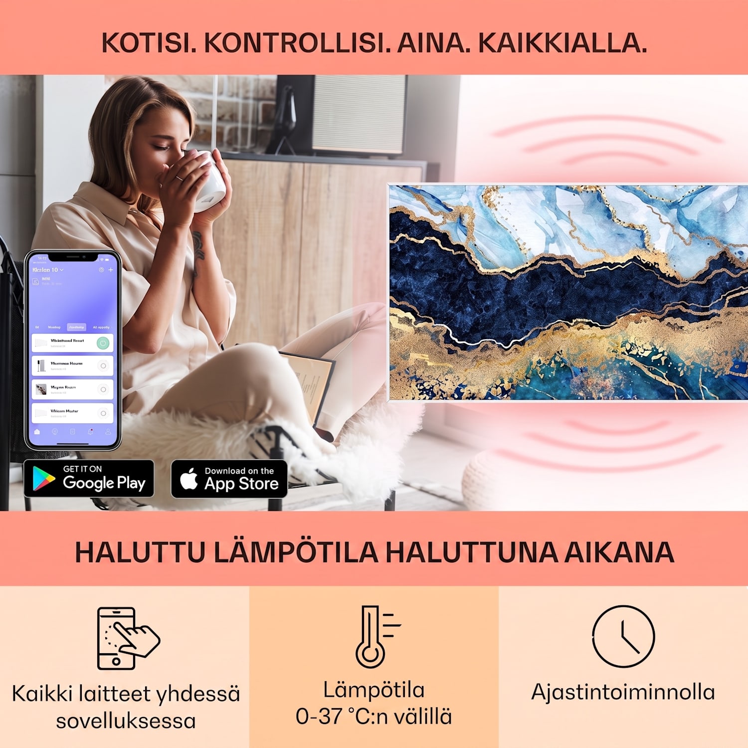 Wonderwall Air Art Smart infrapunalämmitin sininen marmori 120 x 60 cm 700 W 120 x 60 cm | 700 W | Marble | Sininen