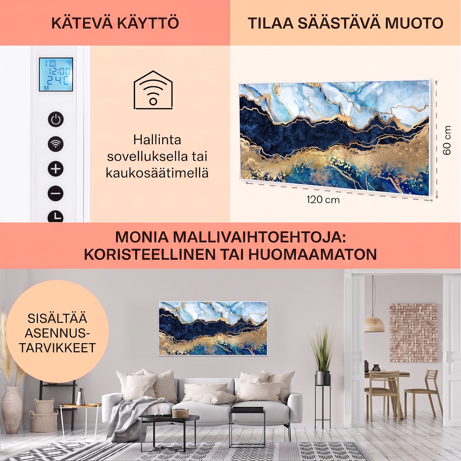 Wonderwall Air Art Smart infrapunalämmitin sininen marmori 120 x 60 cm 700 W 120 x 60 cm | 700 W | Marble | Sininen