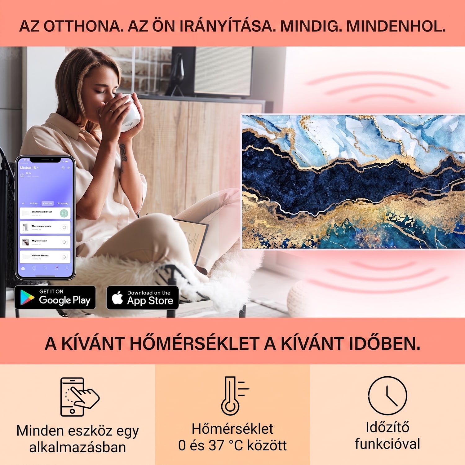 Wonderwall Air Art Smart, infravörös hősugárzó, 120 x 60 cm, 700 W, kék márvány 120 x 60 cm | 700 W | Márvány | Kék
