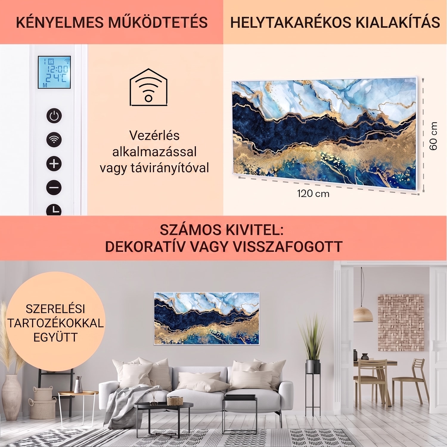 Wonderwall Air Art Smart, infravörös hősugárzó, 120 x 60 cm, 700 W, kék márvány 120 x 60 cm | 700 W | Márvány | Kék