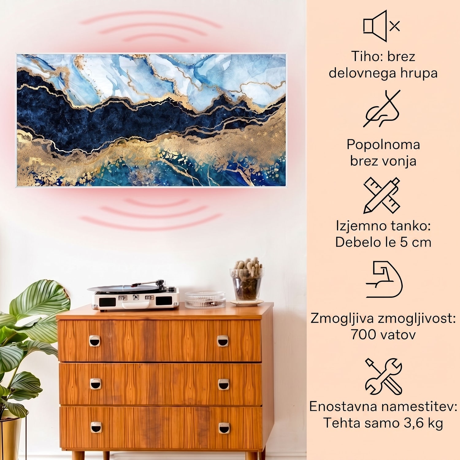Wonderwall Air Art Smart, infrardeč grelnik, moder marmor, 120 x 60 cm, 700 W 120 x 60 cm | 700 W | Marmor | Modra