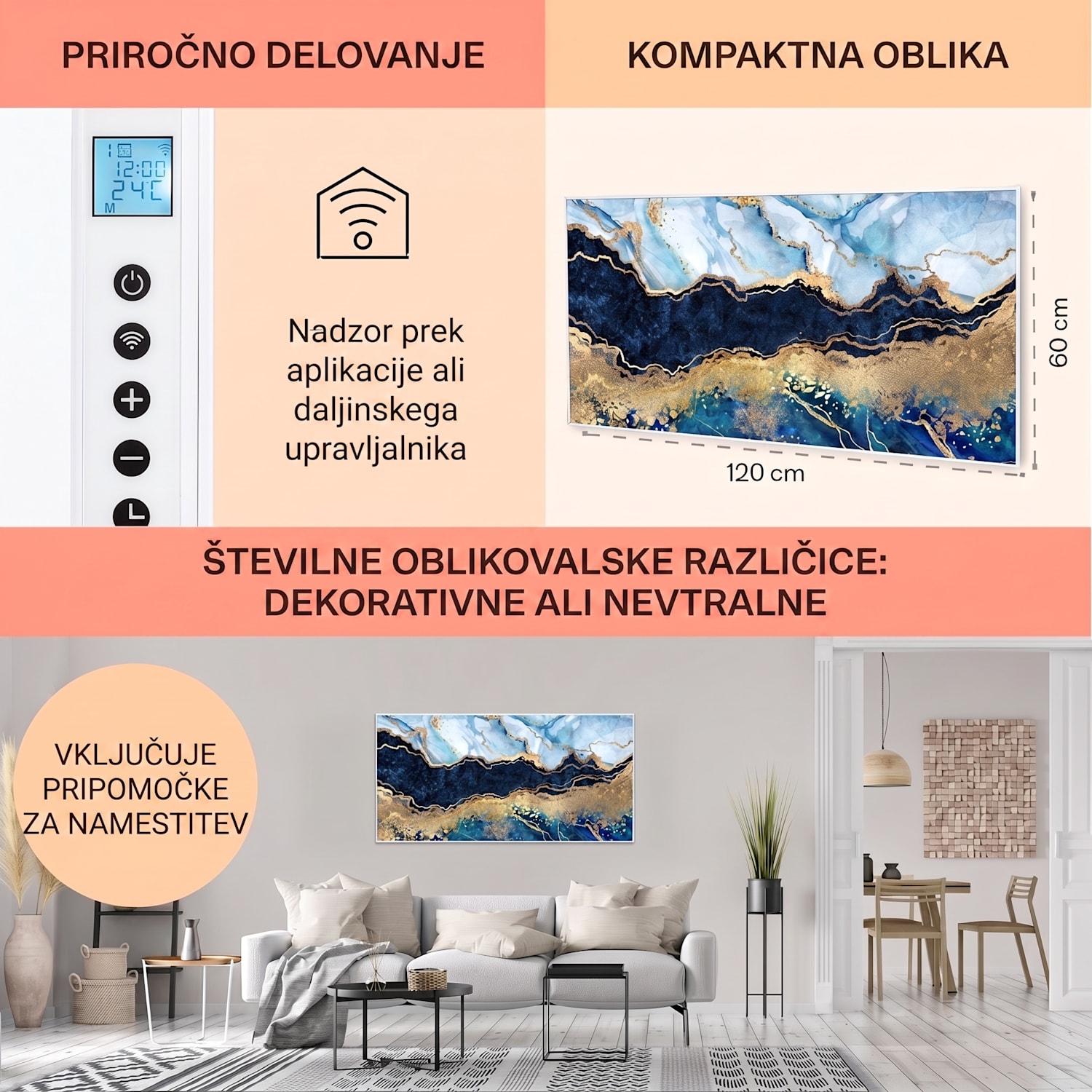 Wonderwall Air Art Smart, infrardeč grelnik, moder marmor, 120 x 60 cm, 700 W 120 x 60 cm | 700 W | Marmor | Modra