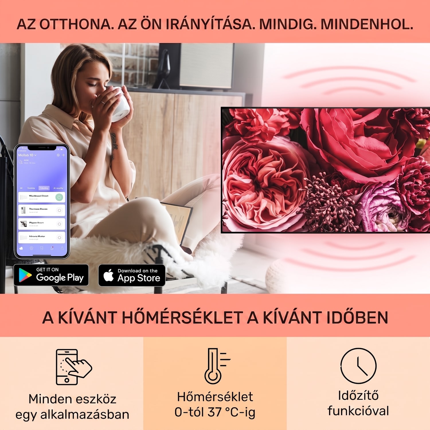 Wonderwall Air Art Smart, infravörös hősugárzó, 120 x 60 cm, 700 W, virág 