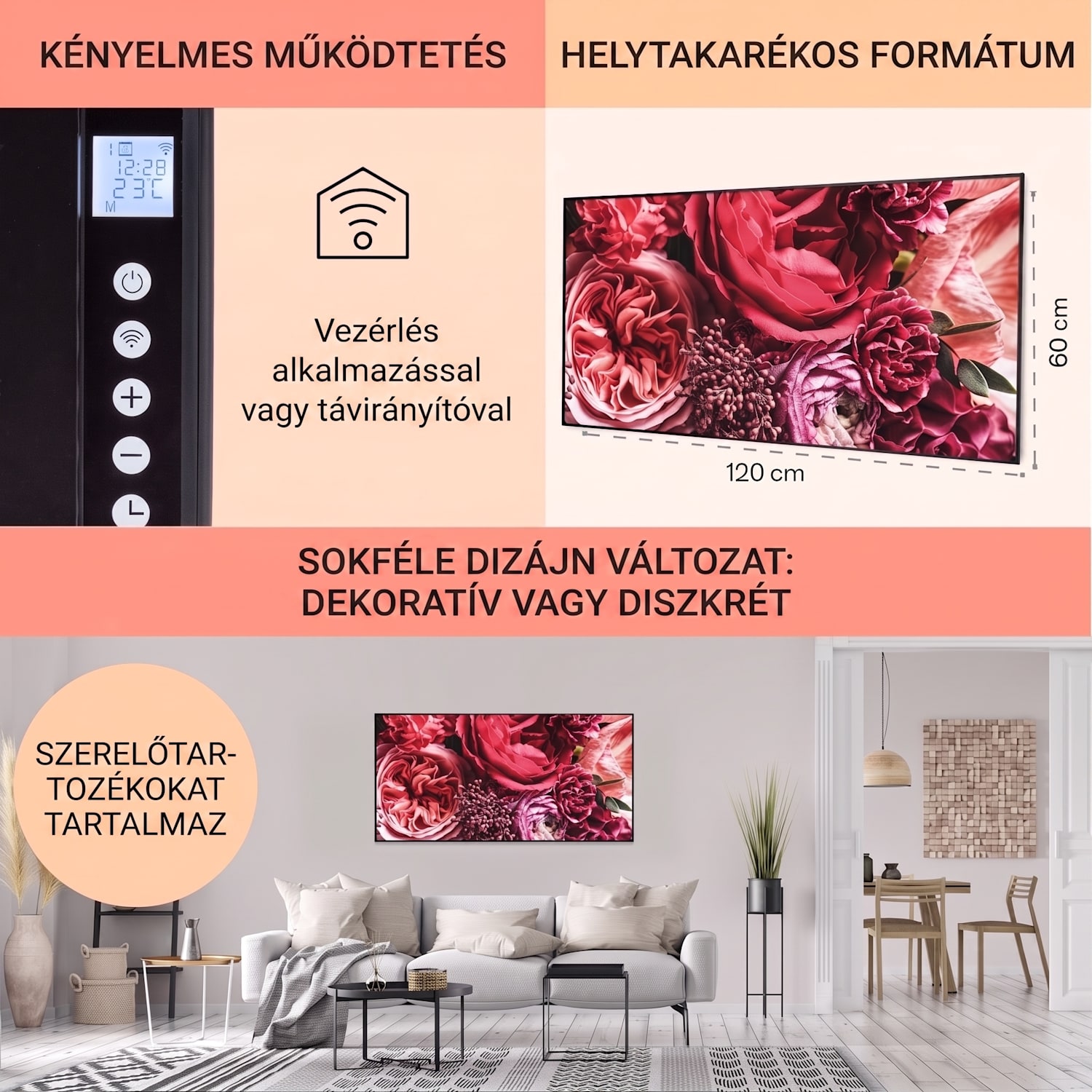 Wonderwall Air Art Smart, infravörös hősugárzó, 120 x 60 cm, 700 W, virág 
