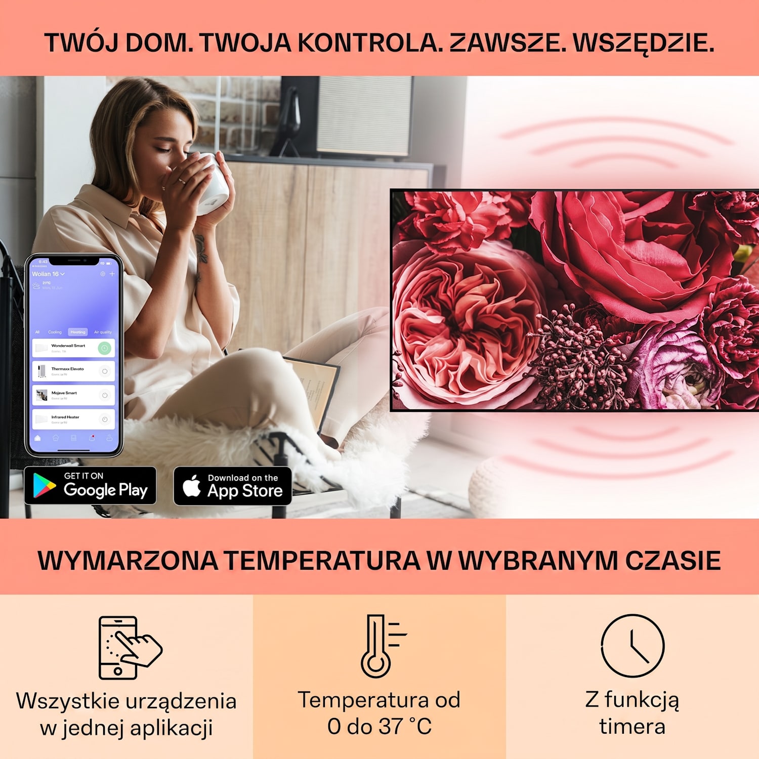 Wonderwall Air Art Smart, panel grzewczy na podczerwień, grzejnik, 120 x 60 cm, 700 W, kwiat 120 x 60 cm | 700 W | Kwiaty