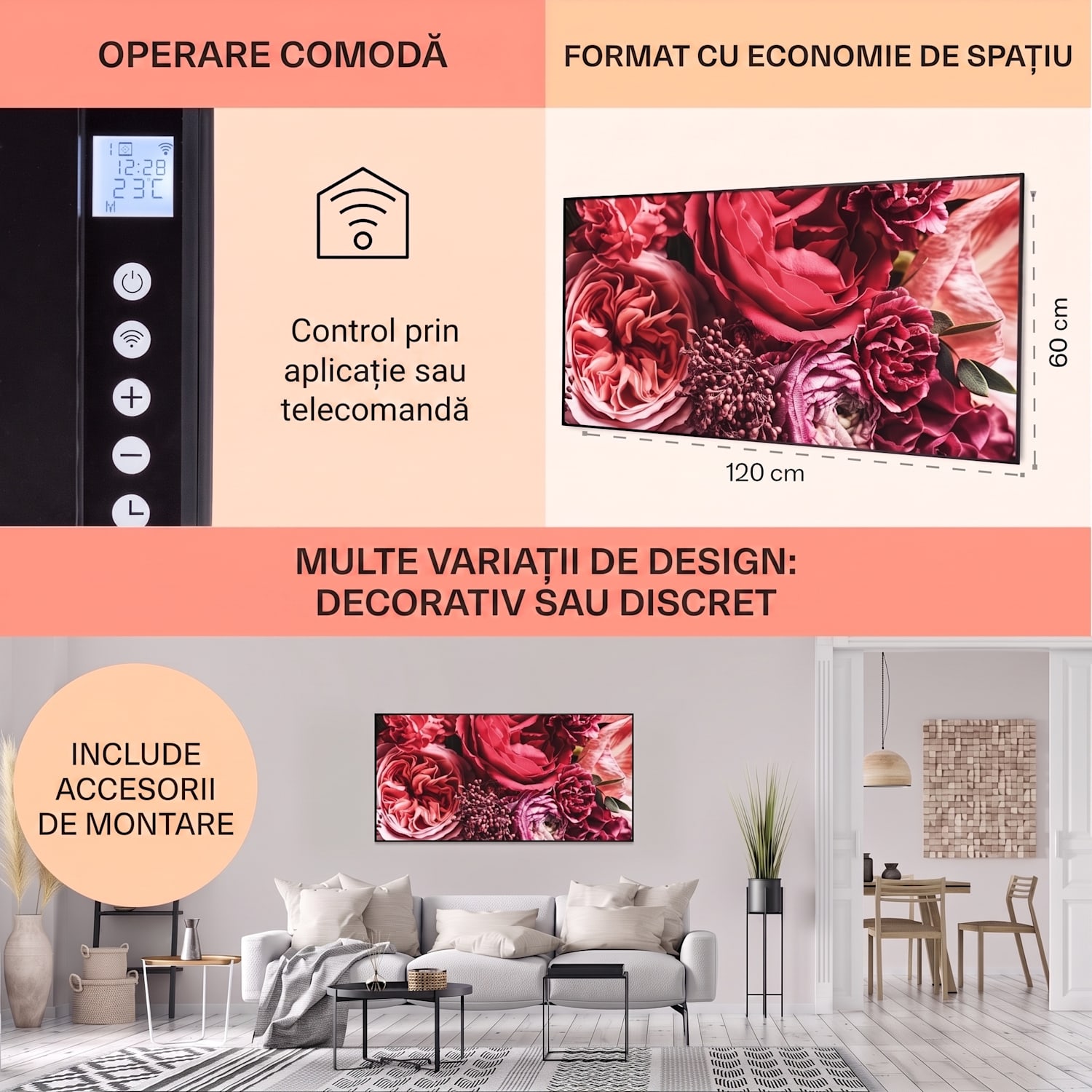 Wonderwall Air Art Smart, încălzitor cu infraroșu, floare, 120 x 60 cm, 700 W 120 x 60 cm | 700 W | Flori