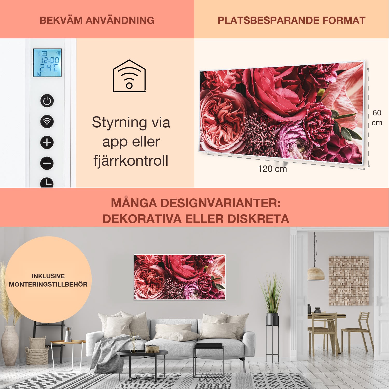 Wonderwall Air Art Smart IR-värmare Blomma 120x60cm 700W 