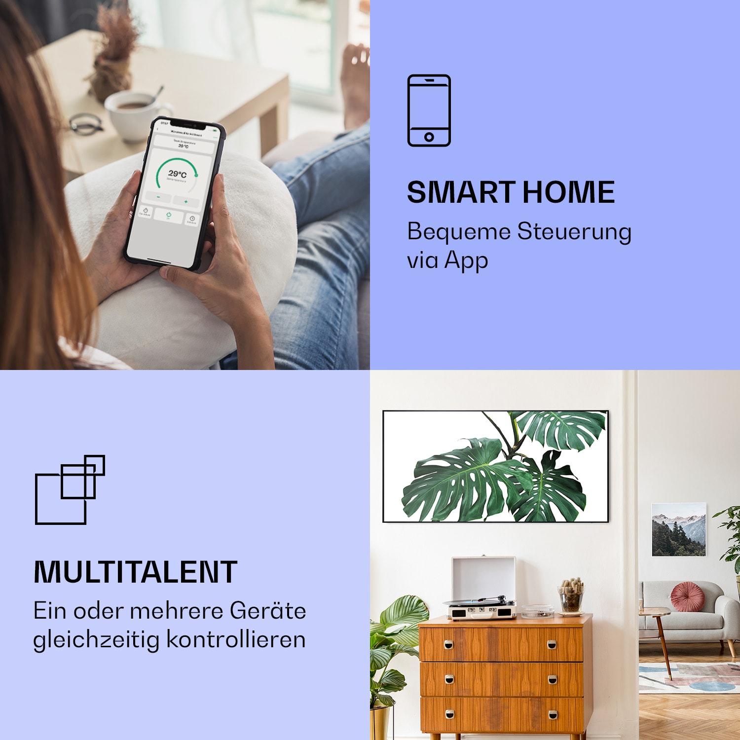 Wonderwall Air Art Smart Infrarotheizung Grünes Blatt 120x60cm 700W 120 x 60 cm | Grünes Blatt, schwarzer Rahmen