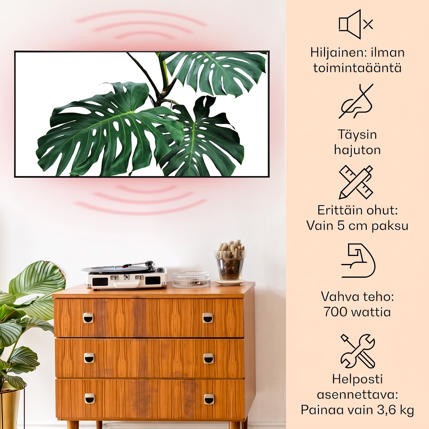 Wonderwall Air Art Smart infrapunalämmitin vihreä lehti 120 x 60 cm 700 W 120 x 60 cm | Vihreä lehti, musta kehys