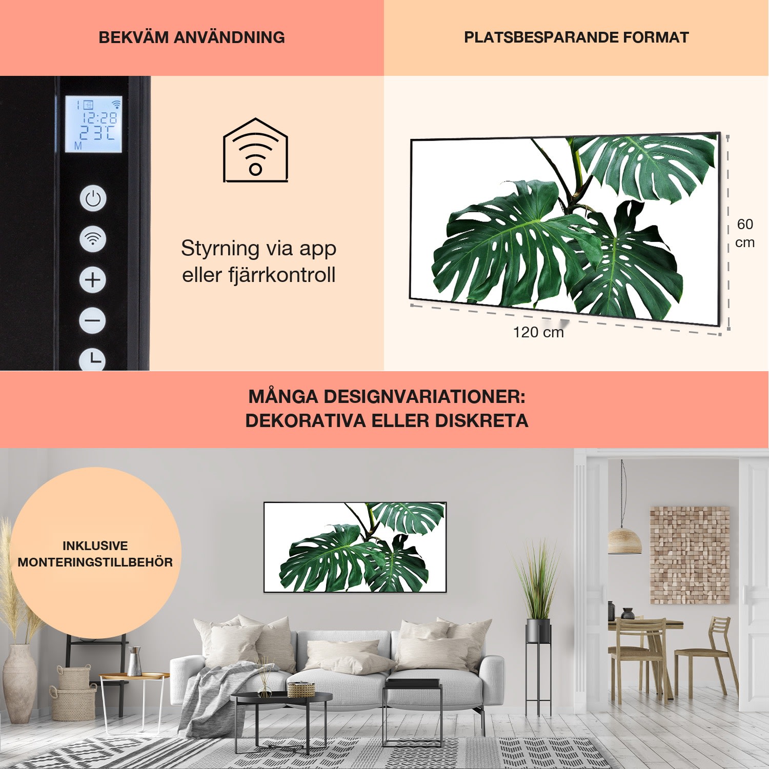 Wonderwall Air Art Smart IR-värmare Grönt löv 120x60cm 700W 120 x 60 cm | Grönt blad, svart ram