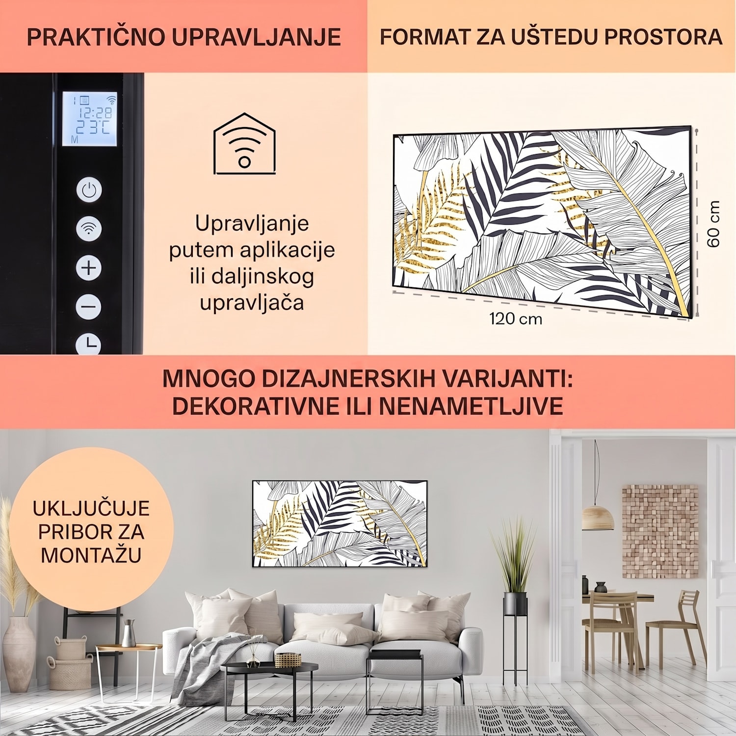 Wonderwall Air Art Smart, infracrveni grijač, lim, 120 x 60 cm, 700 W 120 x 60 cm | 700 W | Zlatna džungla – bijela