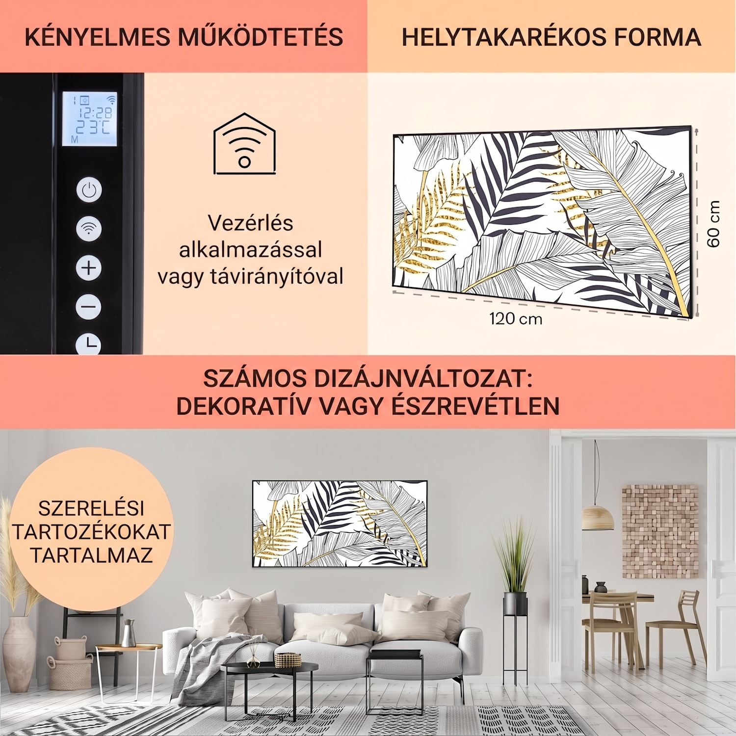 Wonderwall Air Art Smart, infravörös hősugárzó, 120 x 60 cm, 700 W, levél 120 x 60 cm | 700 W | Arany dzsungel – fehér