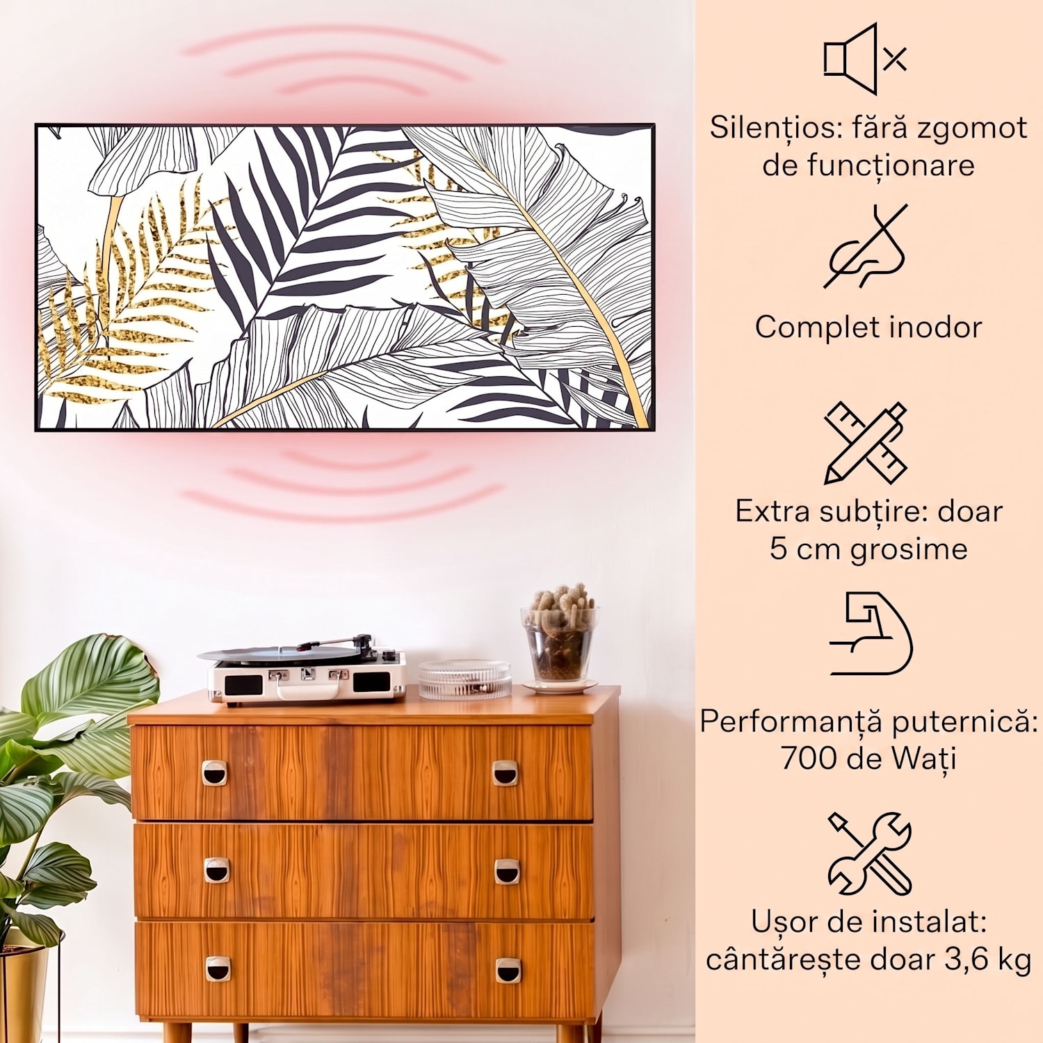 Wonderwall Air Art Smart, încălzitor cu infraroșu, frunză, 120 x 60 cm, 700 W 120 x 60 cm | 700 W | Junglă aurie – alb
