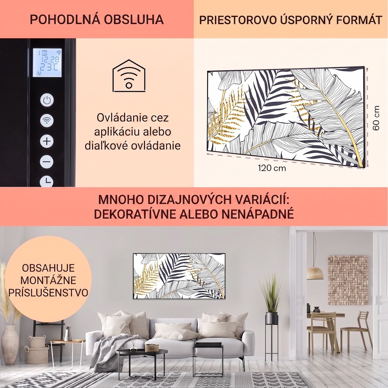 Wonderwall Air Art Smart, infračervený ohrievač, 120 x 60 cm, 700 W, list 120 x 60 cm | 700 W | Zlatá džungľa – biela