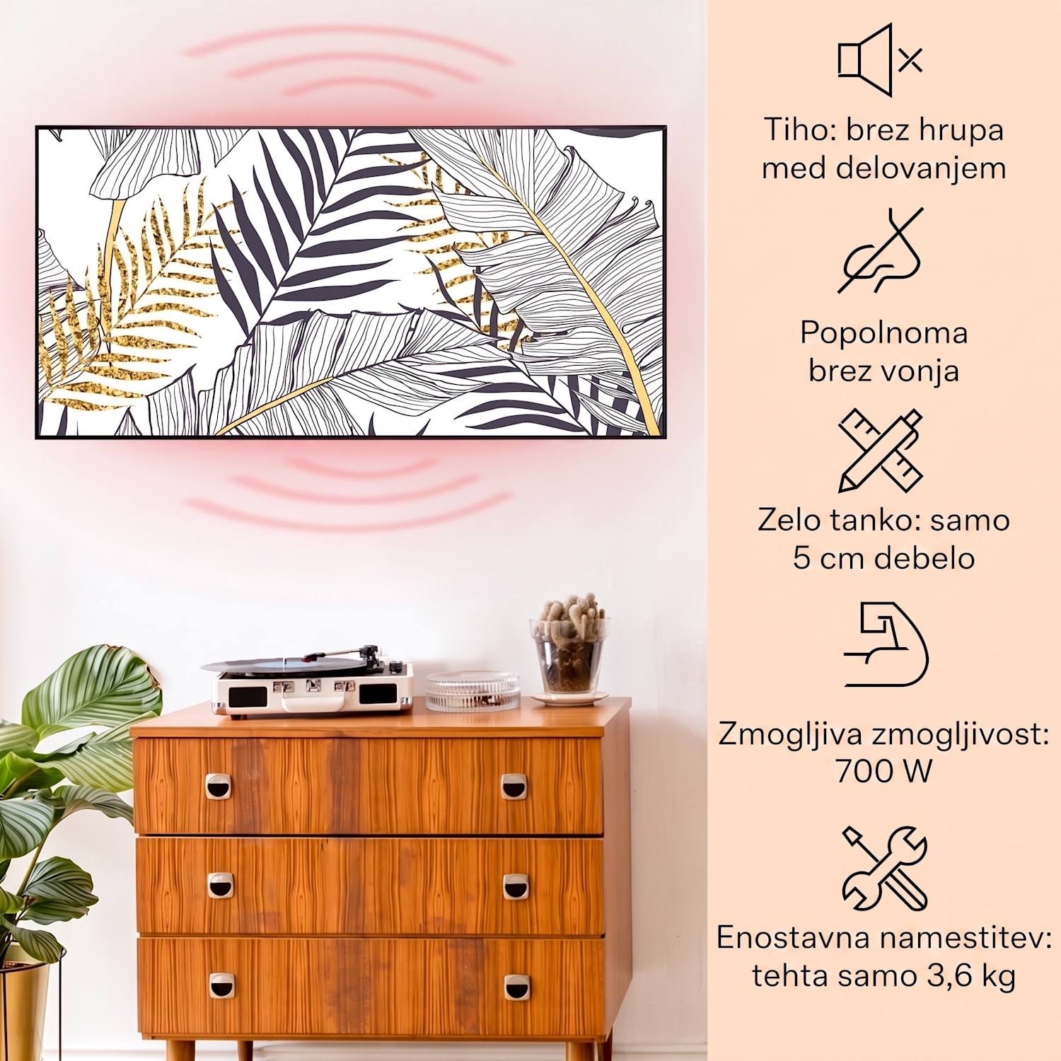 Wonderwall Air Art Smart, infrardeč grelnik, list, 120 x 60 cm, 700 W 120 x 60 cm | 700 W | Zlata džungla – bela