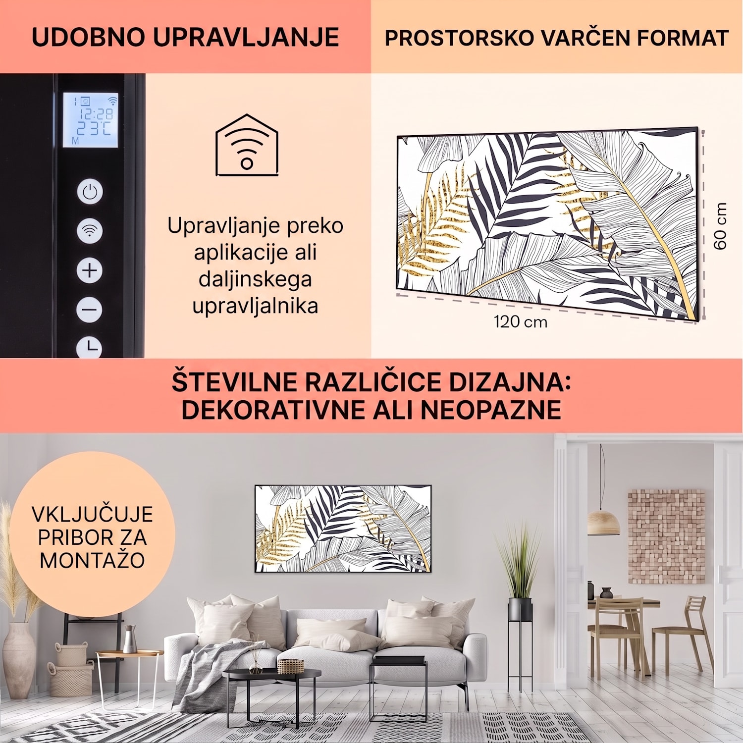 Wonderwall Air Art Smart, infrardeč grelnik, list, 120 x 60 cm, 700 W 120 x 60 cm | 700 W | Zlata džungla – bela