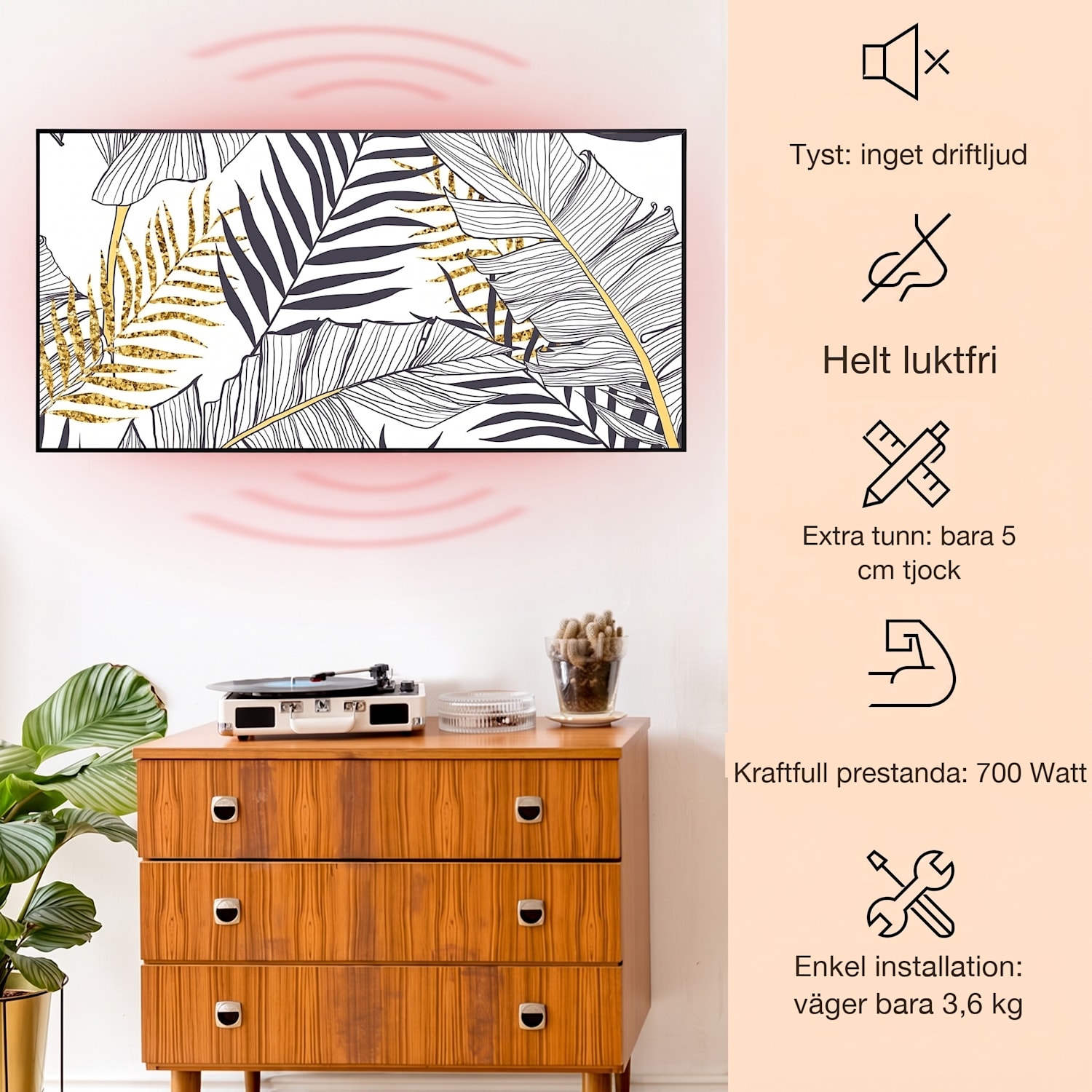 Wonderwall Air Art Smart IR-värmare Löv 120x60cm 700 W 120 x 60 cm | 700 W | Gyllene djungeln – vit