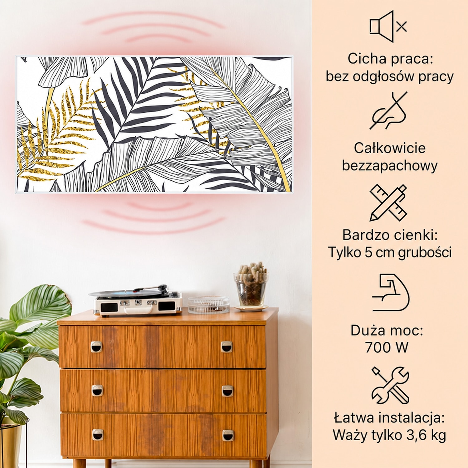 Wonderwall Air Art Smart, panel grzewczy na podczerwień, grzejnik, 120 x 60 cm, 700 W, liść 120 x 60 cm | Liść, biała ramka