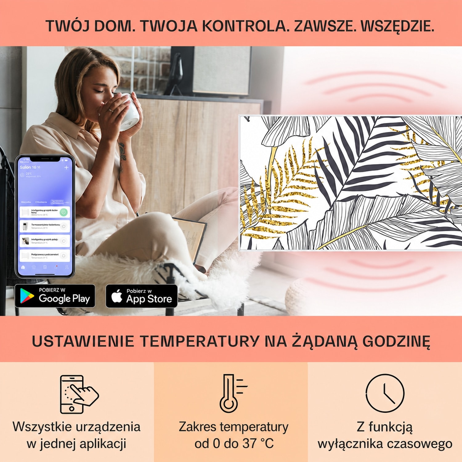 Wonderwall Air Art Smart, panel grzewczy na podczerwień, grzejnik, 120 x 60 cm, 700 W, liść 120 x 60 cm | Liść, biała ramka
