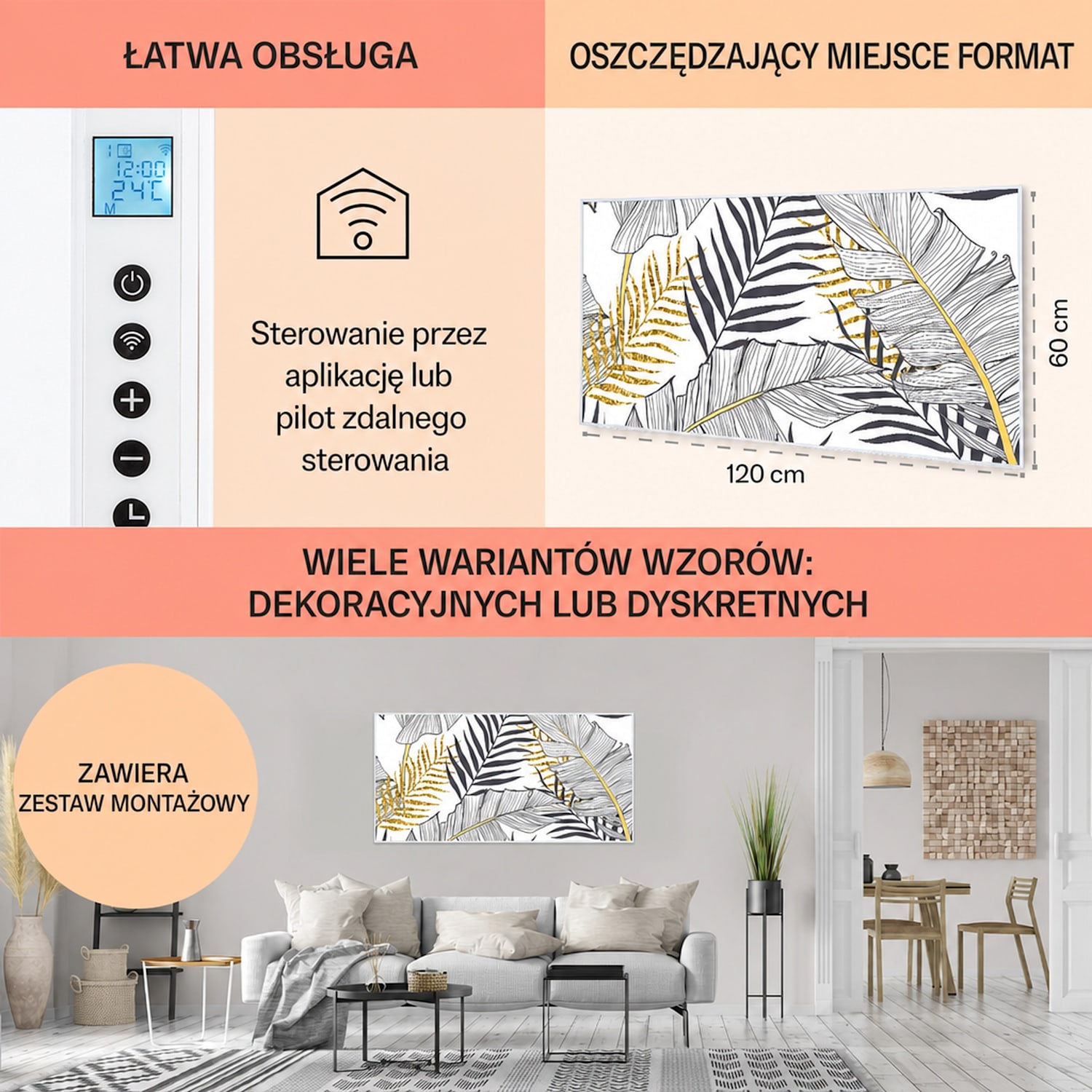 Wonderwall Air Art Smart, panel grzewczy na podczerwień, grzejnik, 120 x 60 cm, 700 W, liść 120 x 60 cm | Liść, biała ramka