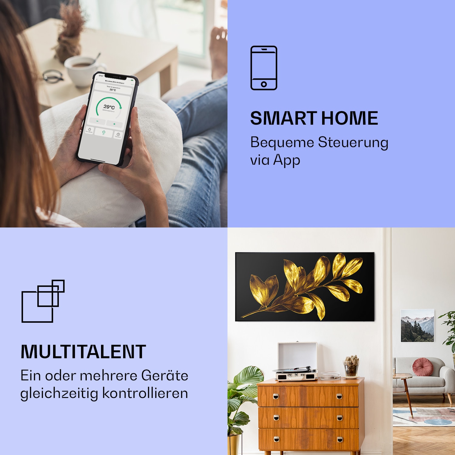 Wonderwall Air Art Smart Infrarotheizung Goldenes Blatt 120x60cm 700W 120 x 60 cm | 700 W | Goldener Zweig