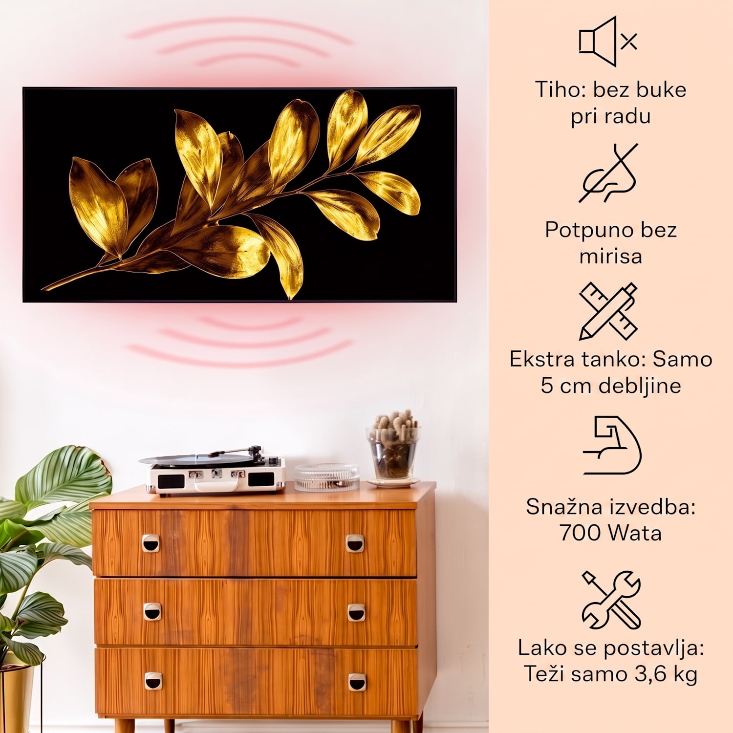 Wonderwall Air Art Smart, infracrveni grijač, zlatni list, 120 x 60 cm, 700 W 120 x 60 cm | 700 W | Zlatna grana