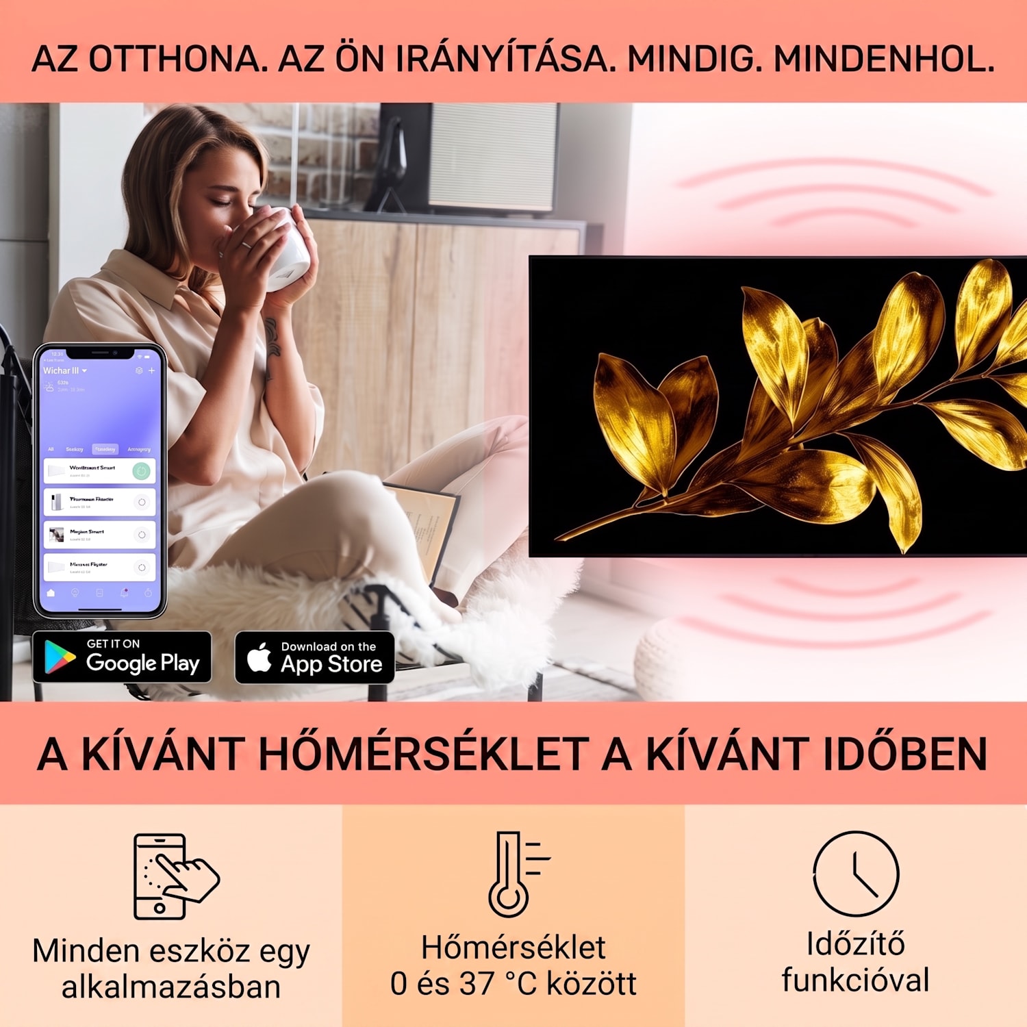 Wonderwall Air Art Smart, infravörös hősugárzó, 120 x 60 cm, 700 W, arany levél 120 x 60 cm | 700 W | Arany ág