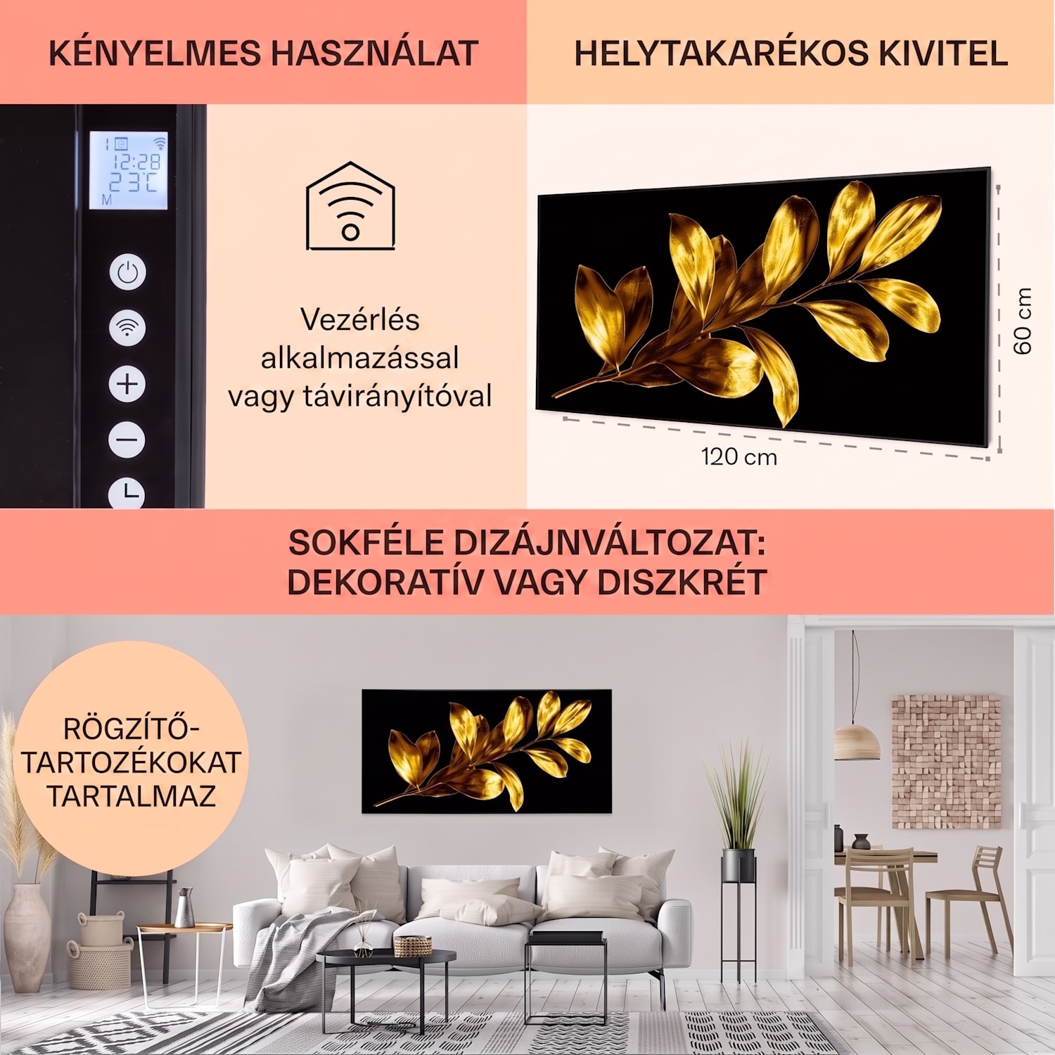 Wonderwall Air Art Smart, infravörös hősugárzó, 120 x 60 cm, 700 W, arany levél 120 x 60 cm | 700 W | Arany ág