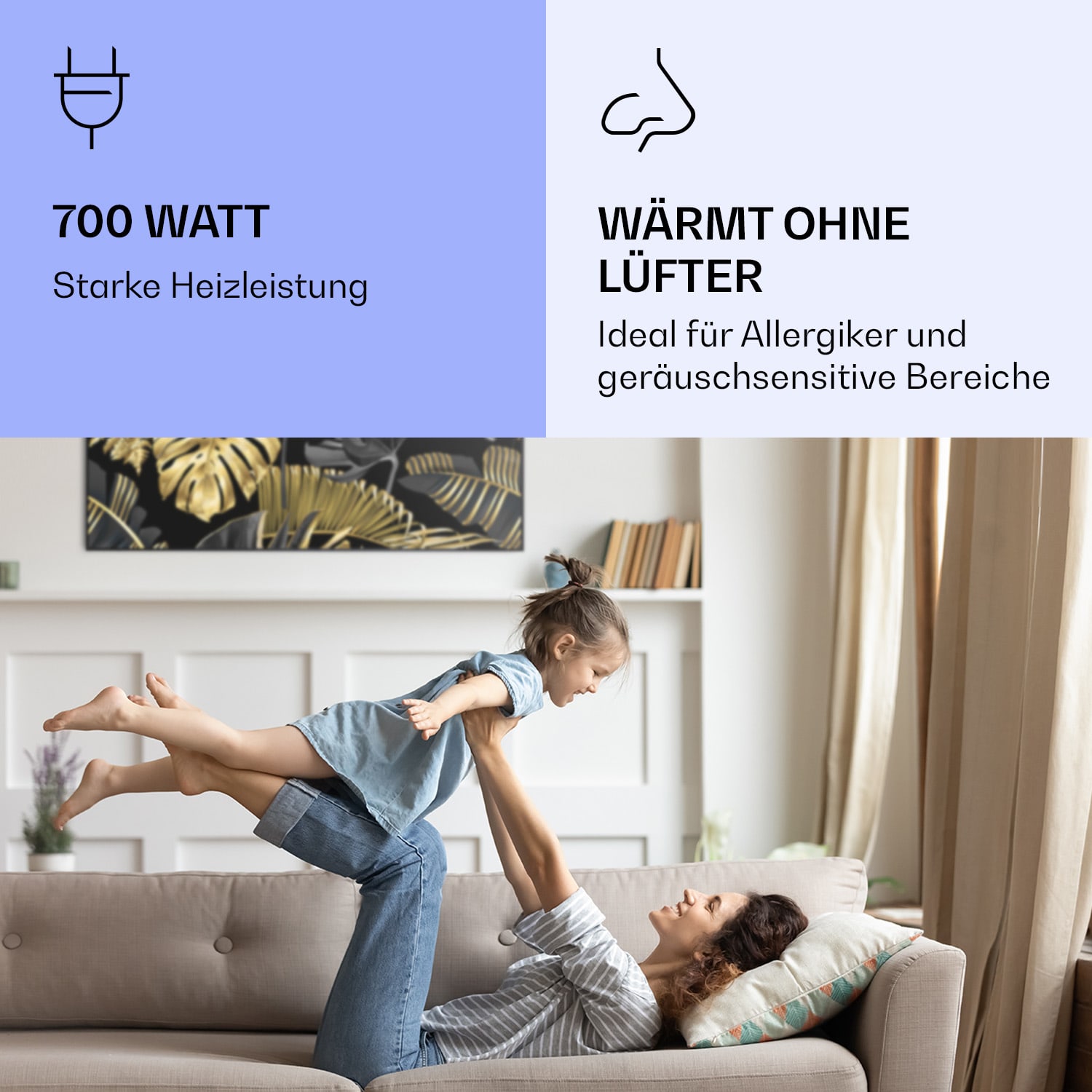 Wonderwall Air Art Smart Infrarotheizung Schwarzes Blatt 120x60cm 700W 120 x 60 cm | 700 W | Goldener Dschungel – Schwarz