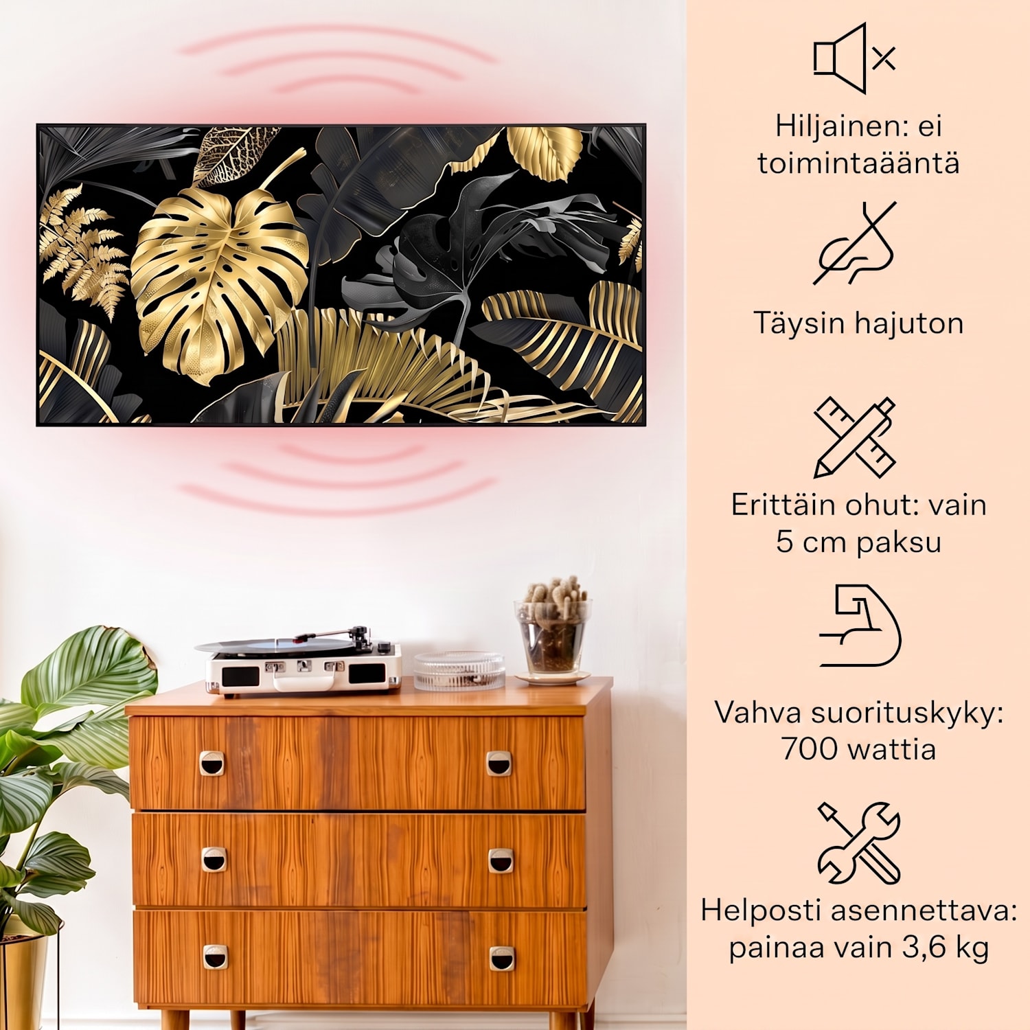 Wonderwall Air Art Smart infrapunalämmitin musta lehti 120 x 60 cm 700 W 120 x 60 cm | 700 W | Golden Jungle Black