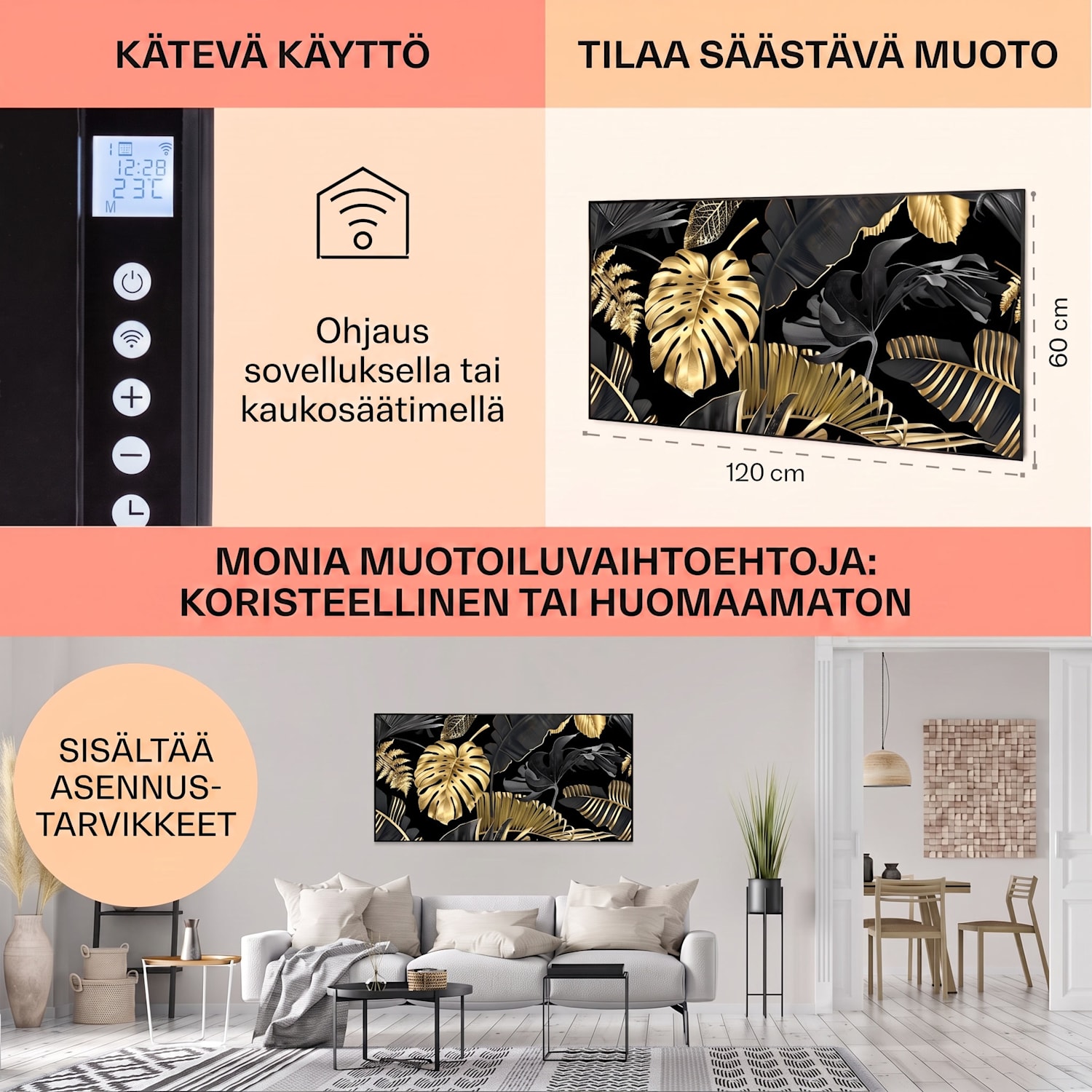 Wonderwall Air Art Smart infrapunalämmitin musta lehti 120 x 60 cm 700 W 120 x 60 cm | 700 W | Golden Jungle Black