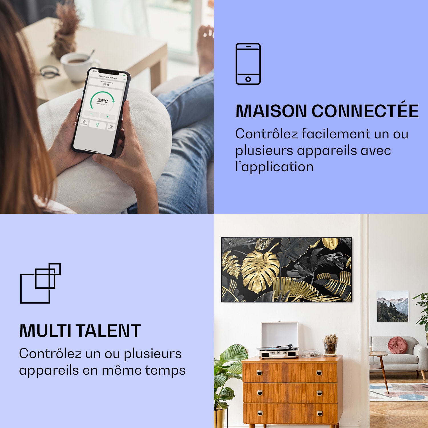 Radiateur infrarouge intelligent Wonderwall Air Art décor feuille noire 120x60 cm 700 W 120 x 60 cm | 700 W | Jungle dorée – Noir