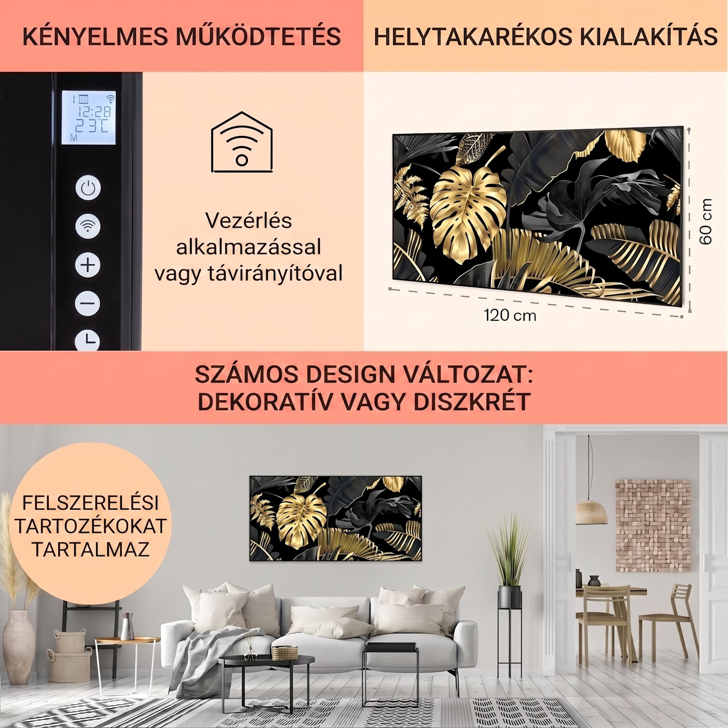 Wonderwall Air Art Smart, infravörös hősugárzó, 120 x 60 cm, 700 W, fekete levél 120 x 60 cm | 700 W | Arany dzsungel – fekete