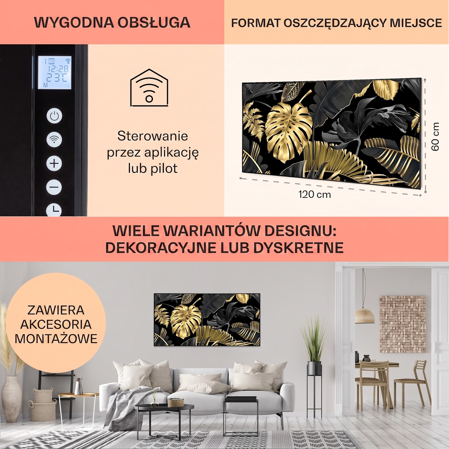 Wonderwall Air Art Smart, panel grzewczy na podczerwień, grzejnik, 120 x 60 cm, 700 W, czarny liść 120 x 60 cm | 700 W | Złota dżungla – czarna