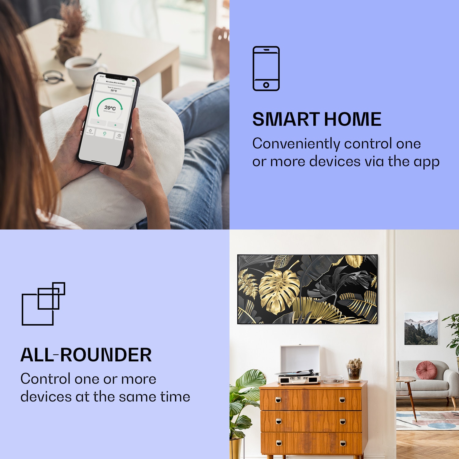 Wonderwall Air Art Smart Aquecimento por Infravermelhos Folha preta 120x60cm 700W 120 x 60 cm | 700 W | Selva dourada – preto