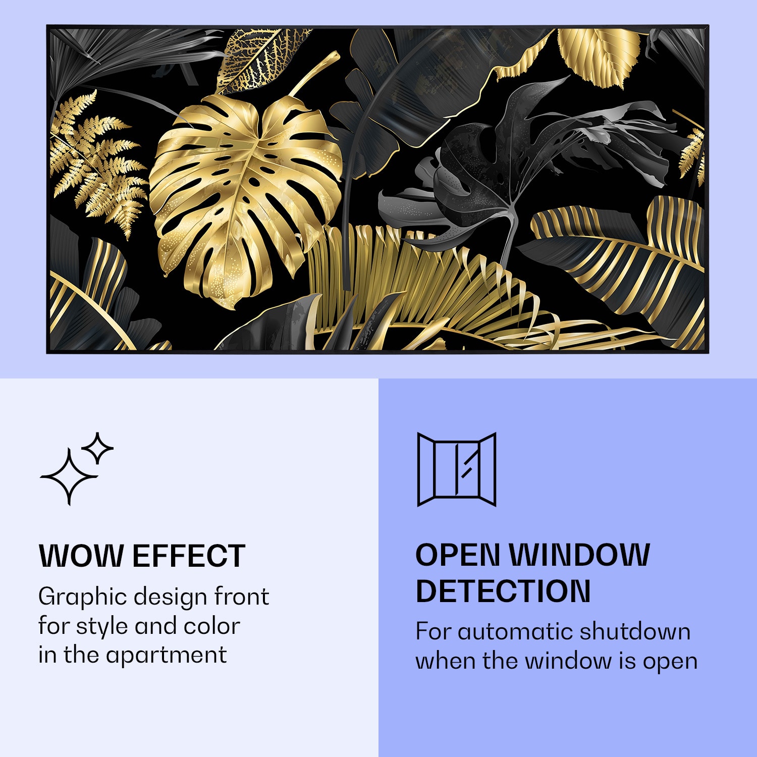 Wonderwall Air Art Smart Aquecimento por Infravermelhos Folha preta 120x60cm 700W 120 x 60 cm | 700 W | Selva dourada – preto