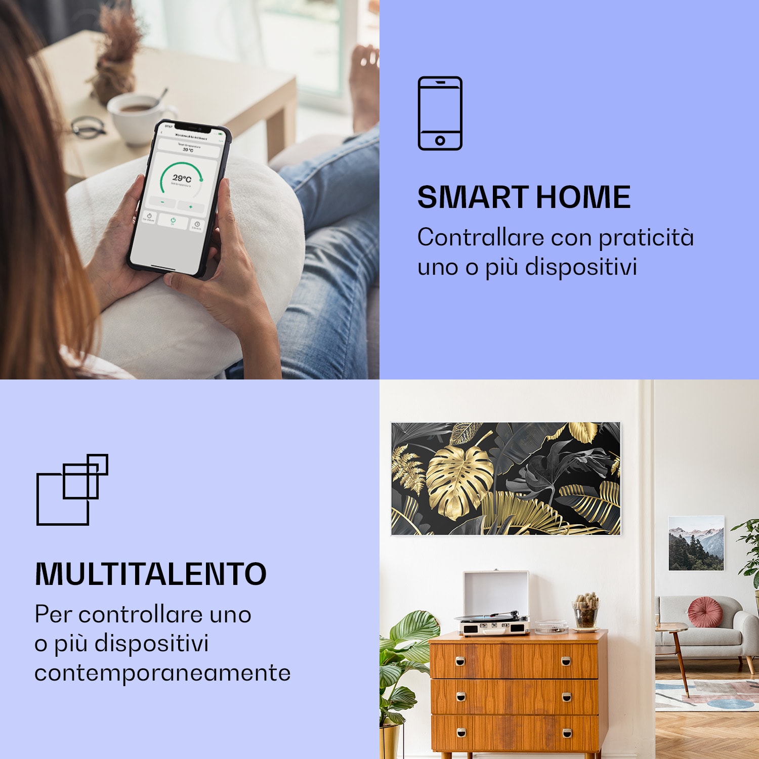 Wonderwall Air Art Smart Riscaldatore a infrarossi Foglia nera 120x60cm 700W 