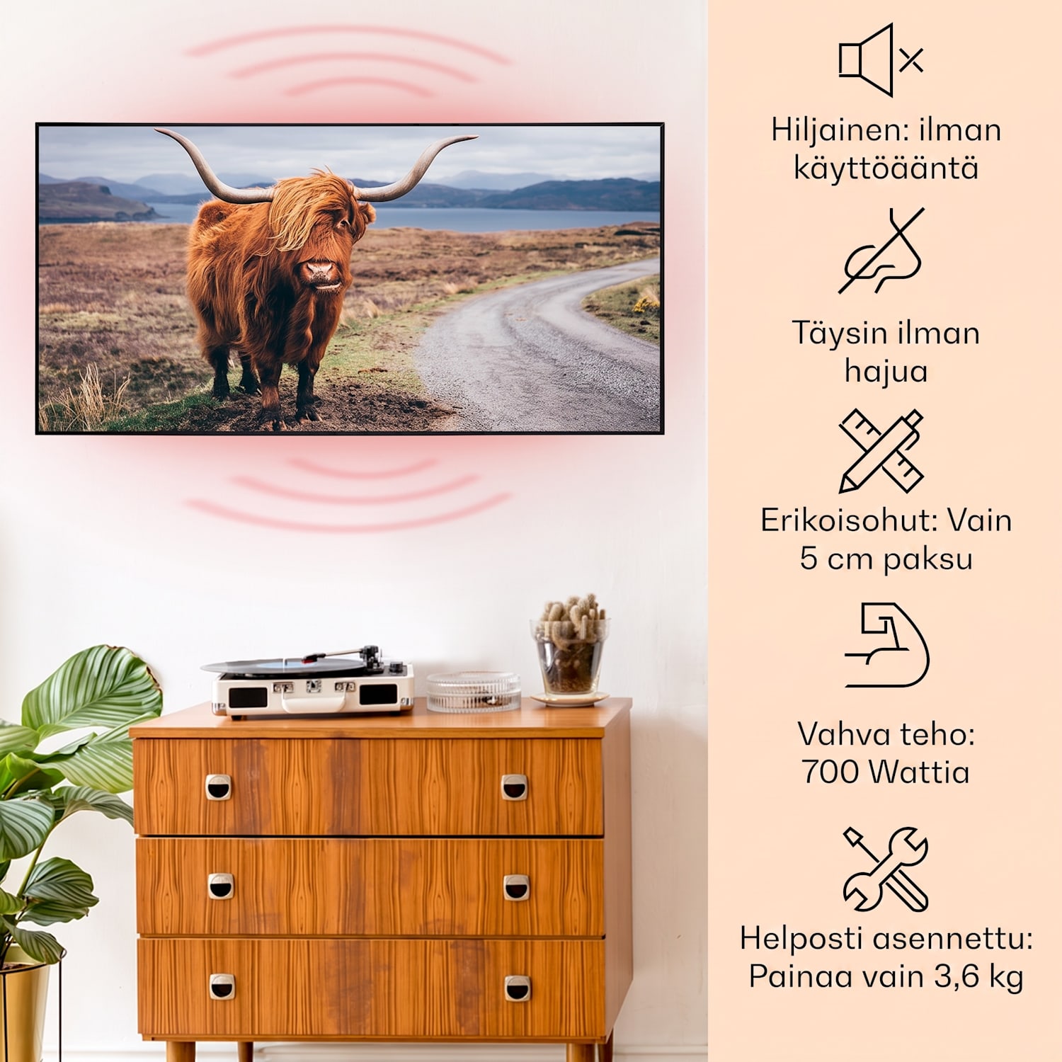 Wonderwall Air Art Smart infrapunalämmitin lehmä 120 x 60 cm 700 W 120 x 60 cm | Lehmä, musta kehys