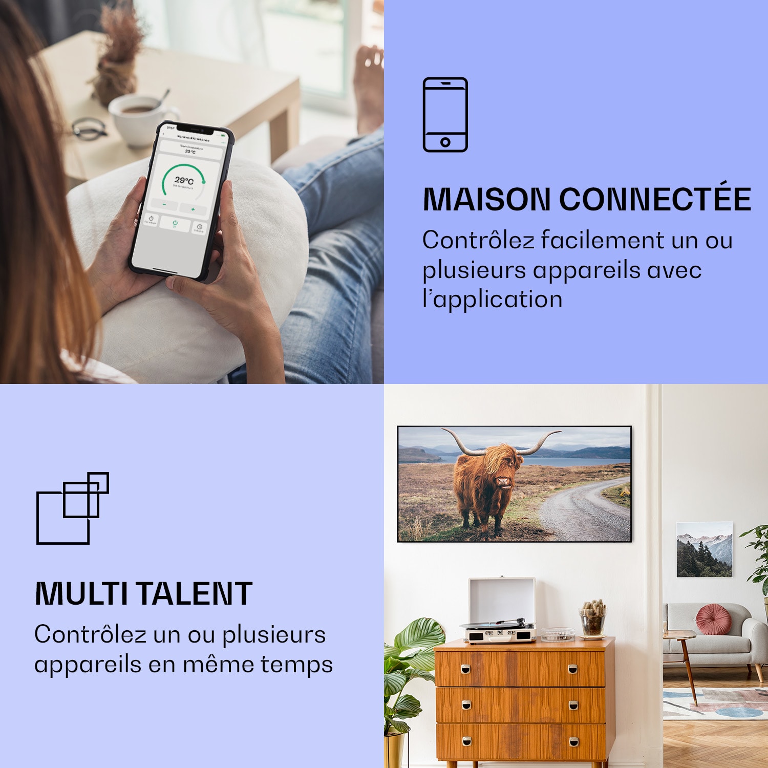 Radiateur infrarouge intelligent Wonderwall Air Art vache 120x60 cm 700 W 120 x 60 cm | Vache, cadre noir