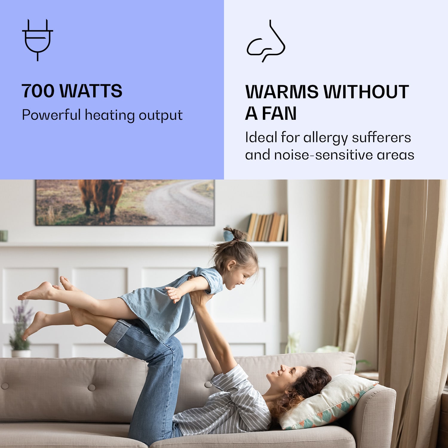 Wonderwall Air Art Smart, infravörös hősugárzó, 120 x 60 cm, 700 W, tehén 120 x 60 cm | Tehén, fekete keret