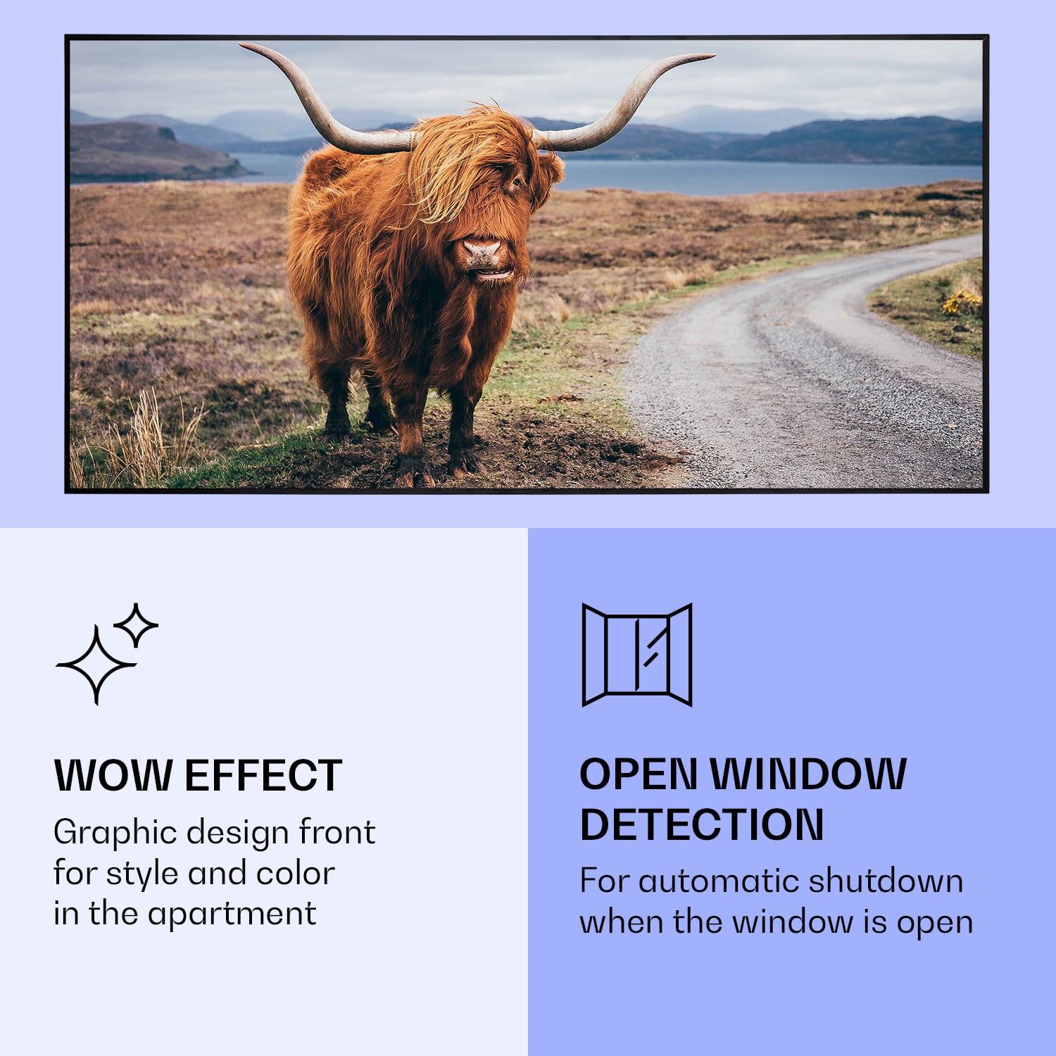 Wonderwall Air Art Smart, infravörös hősugárzó, 120 x 60 cm, 700 W, tehén 120 x 60 cm | Tehén, fekete keret