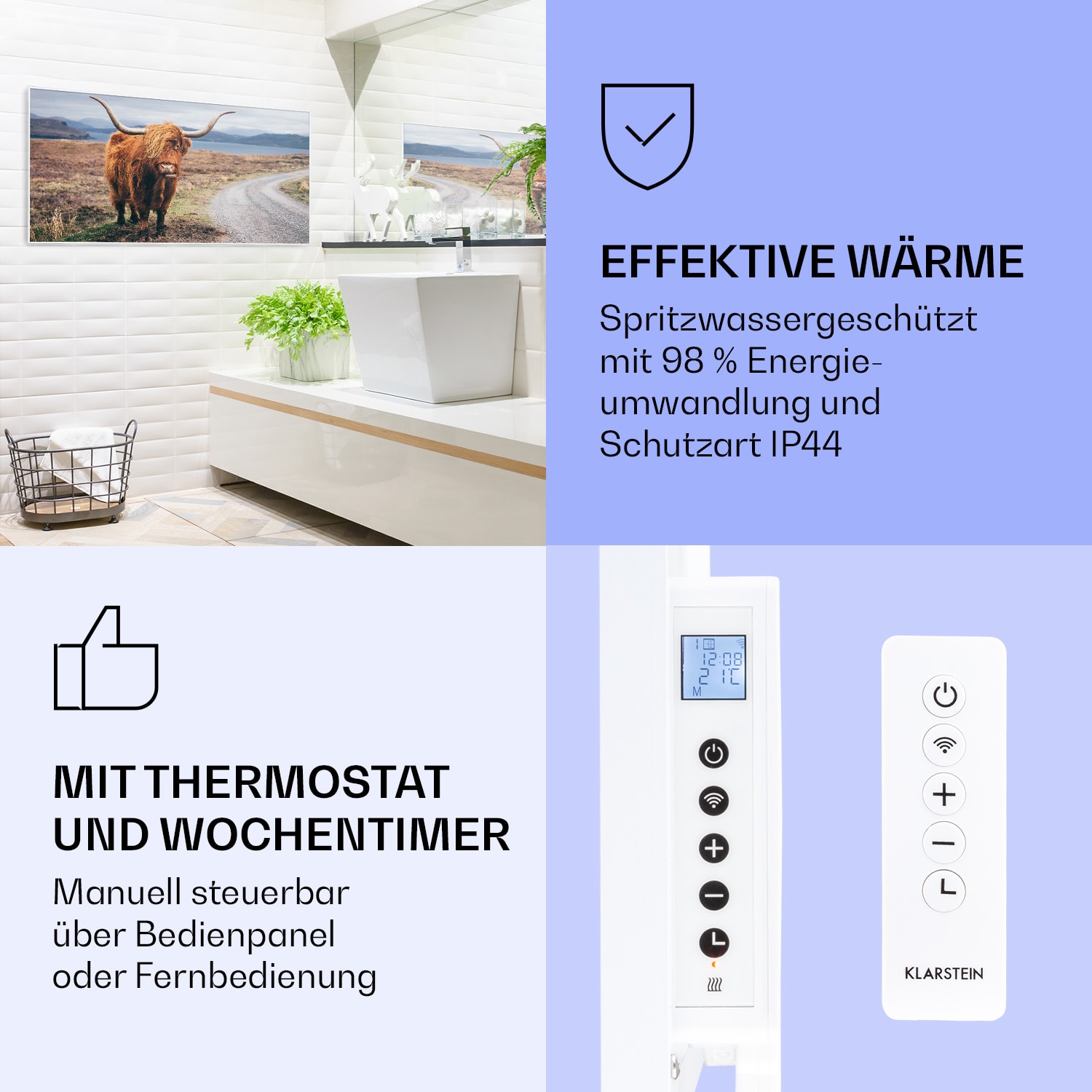 Wonderwall Air Art Smart Infrarotheizung Kuh 120x60cm 700W 120 x 60 cm | Kuh, weißer Rahmen