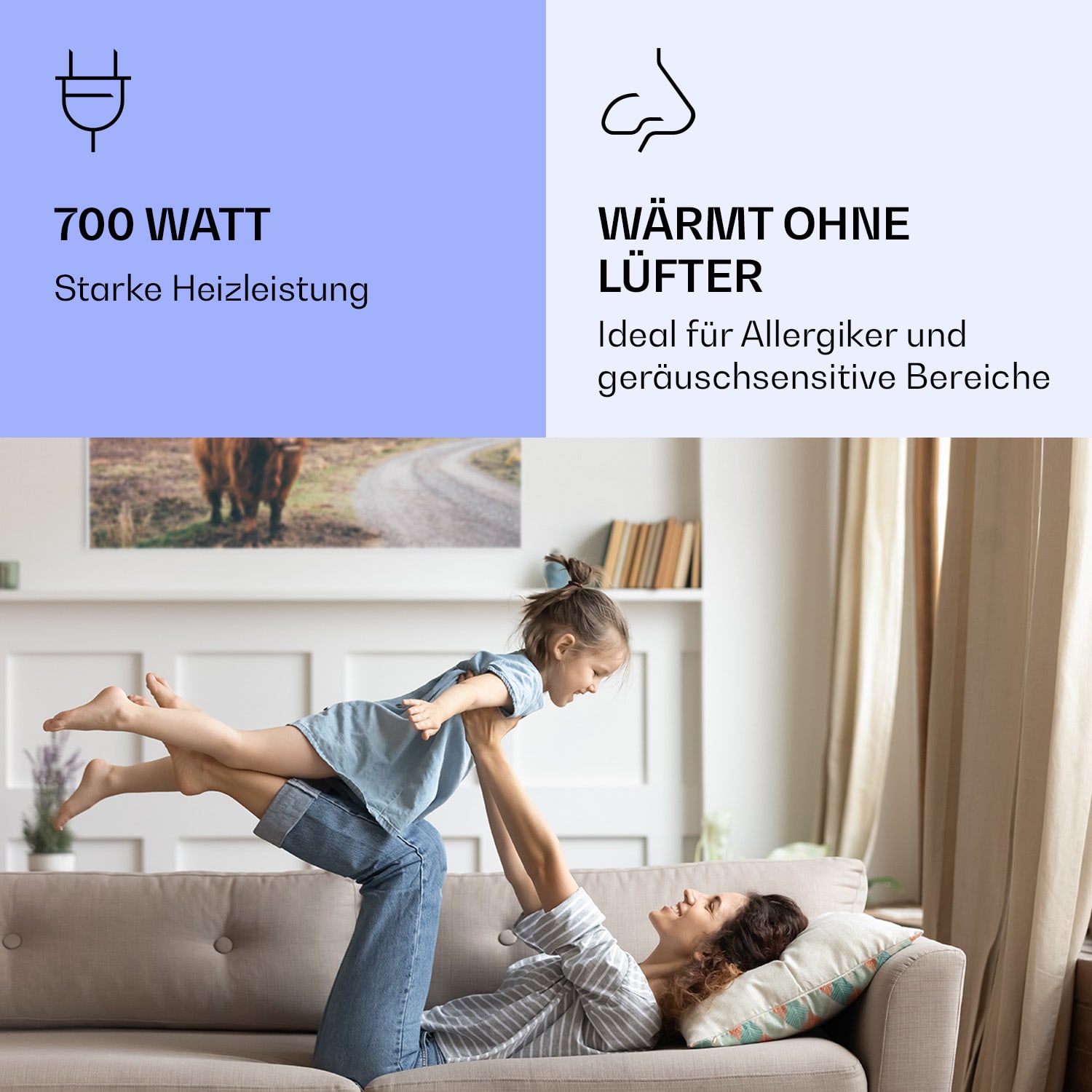 Wonderwall Air Art Smart Infrarotheizung Kuh 120x60cm 700W 120 x 60 cm | Kuh, weißer Rahmen