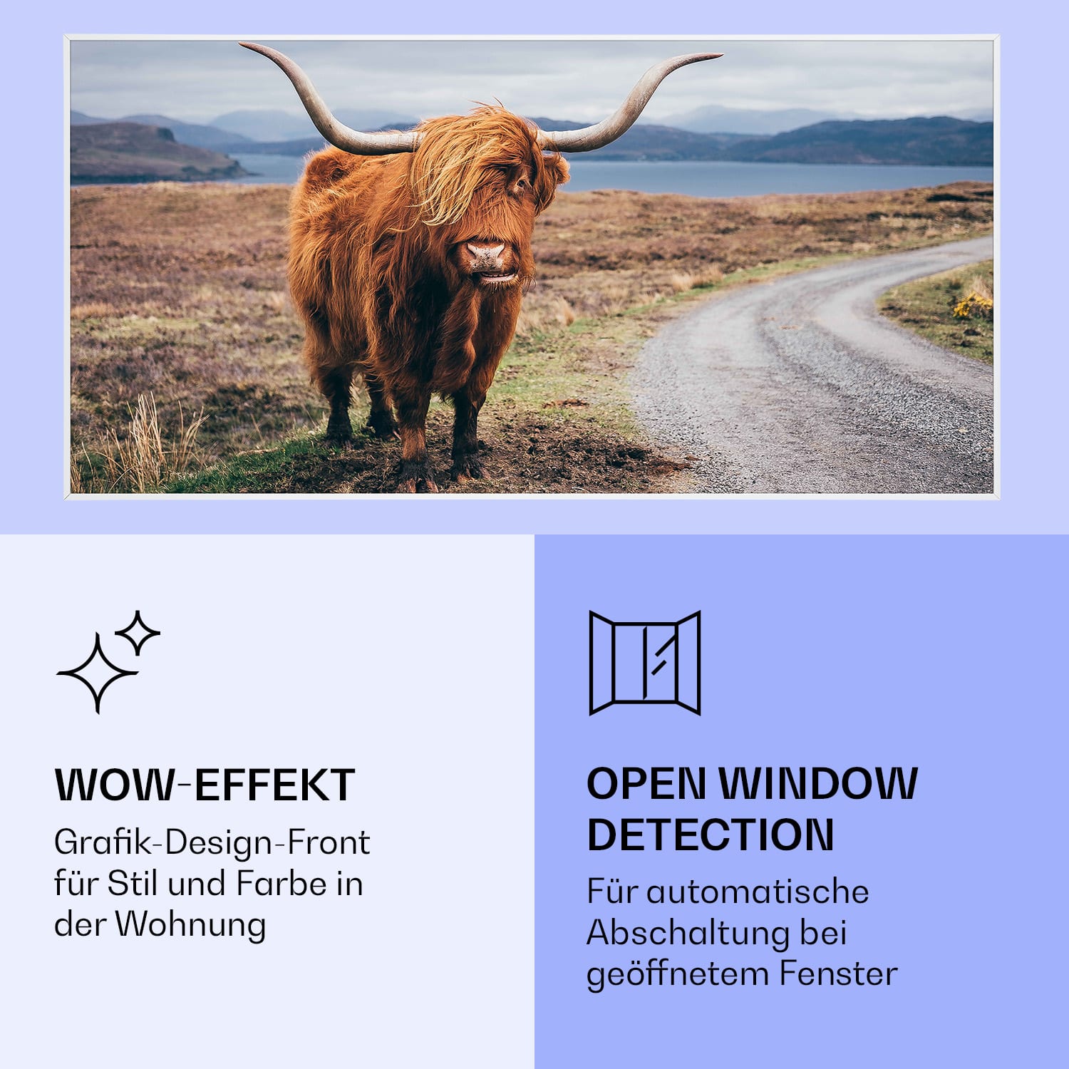 Wonderwall Air Art Smart Infrarotheizung Kuh 120x60cm 700W 120 x 60 cm | Kuh, weißer Rahmen