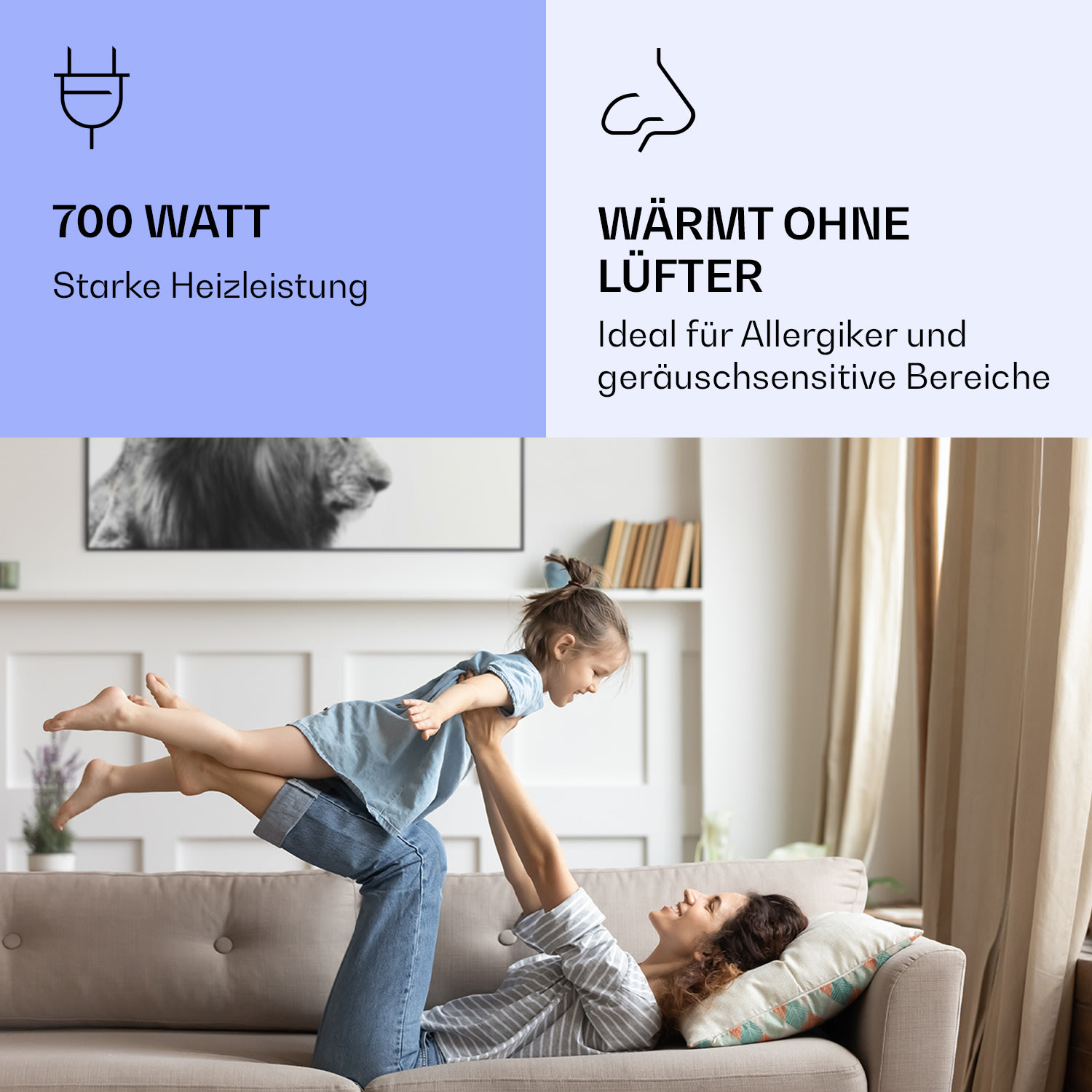 Wonderwall Air Art Smart Infrarotheizung Löwe 60x120cm 700W 60 x 120 cm | Löwe, schwarzer Rahmen