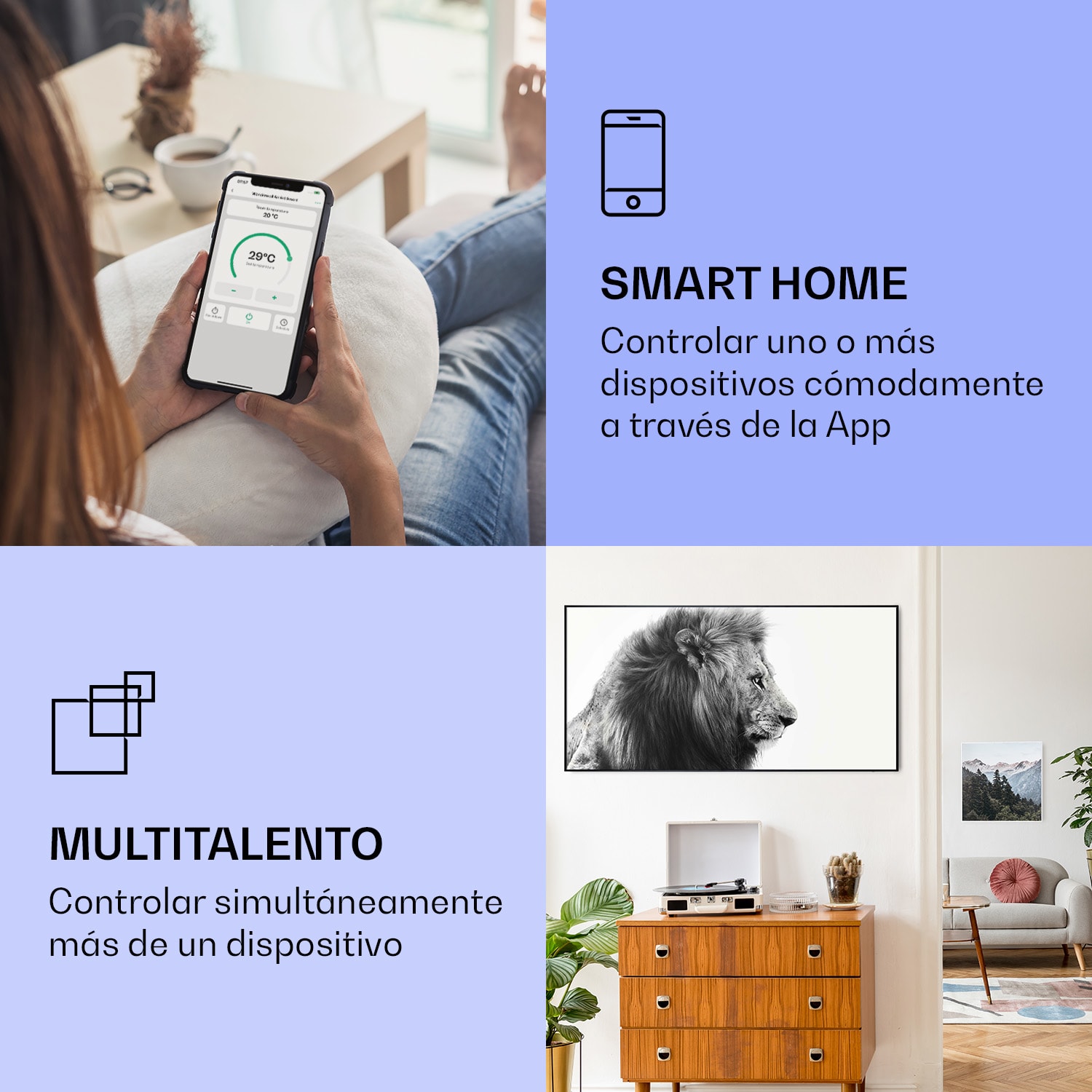 Wonderwall Air Art Calefactor infrarrojo inteligente de león 60 x 120 cm 700 W 60 x 120 cm | León, marco negro