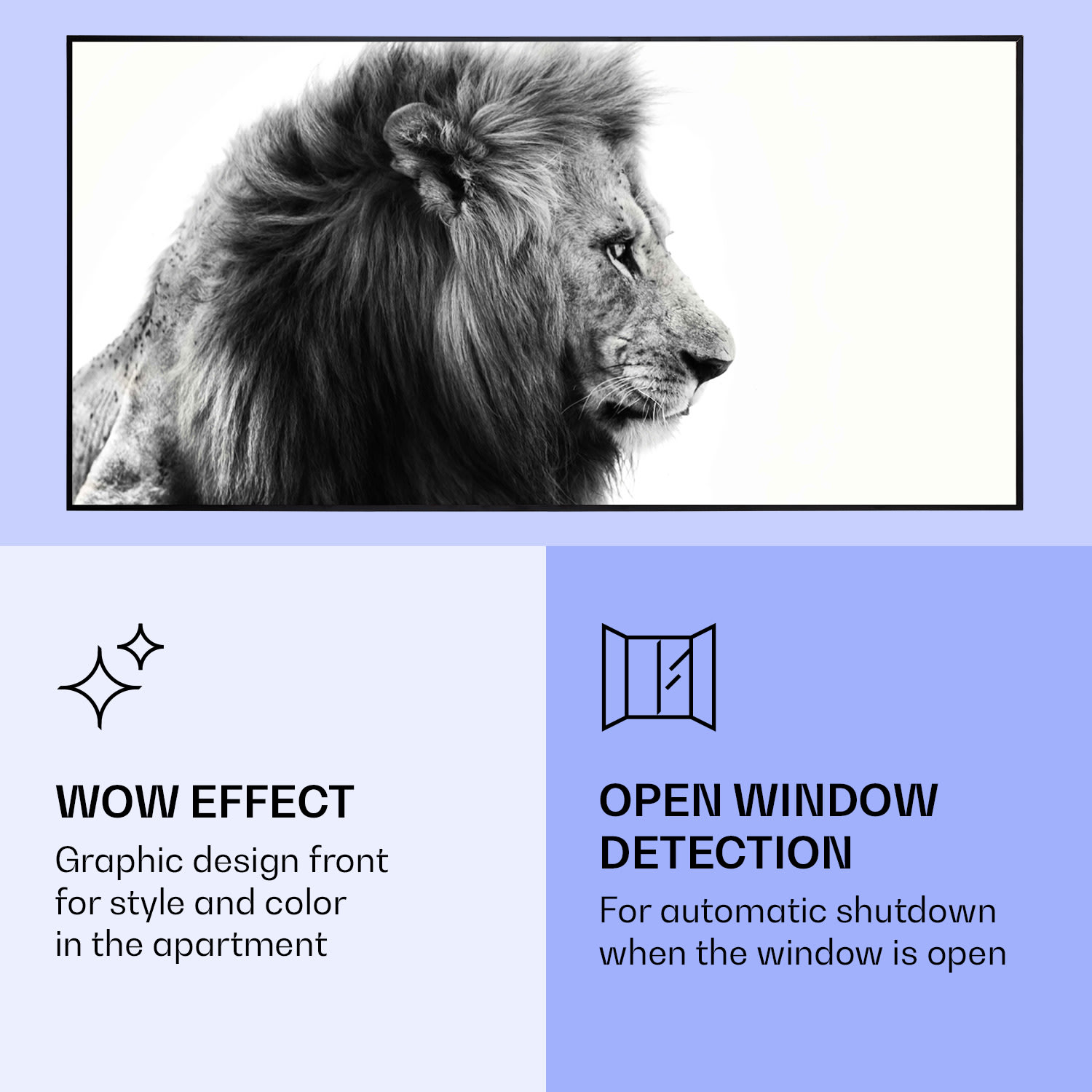 Wonderwall Air Art Smart infraroodverwarming leeuw 60x120 cm 700 W 60 x 120 cm | Leeuw, zwart frame