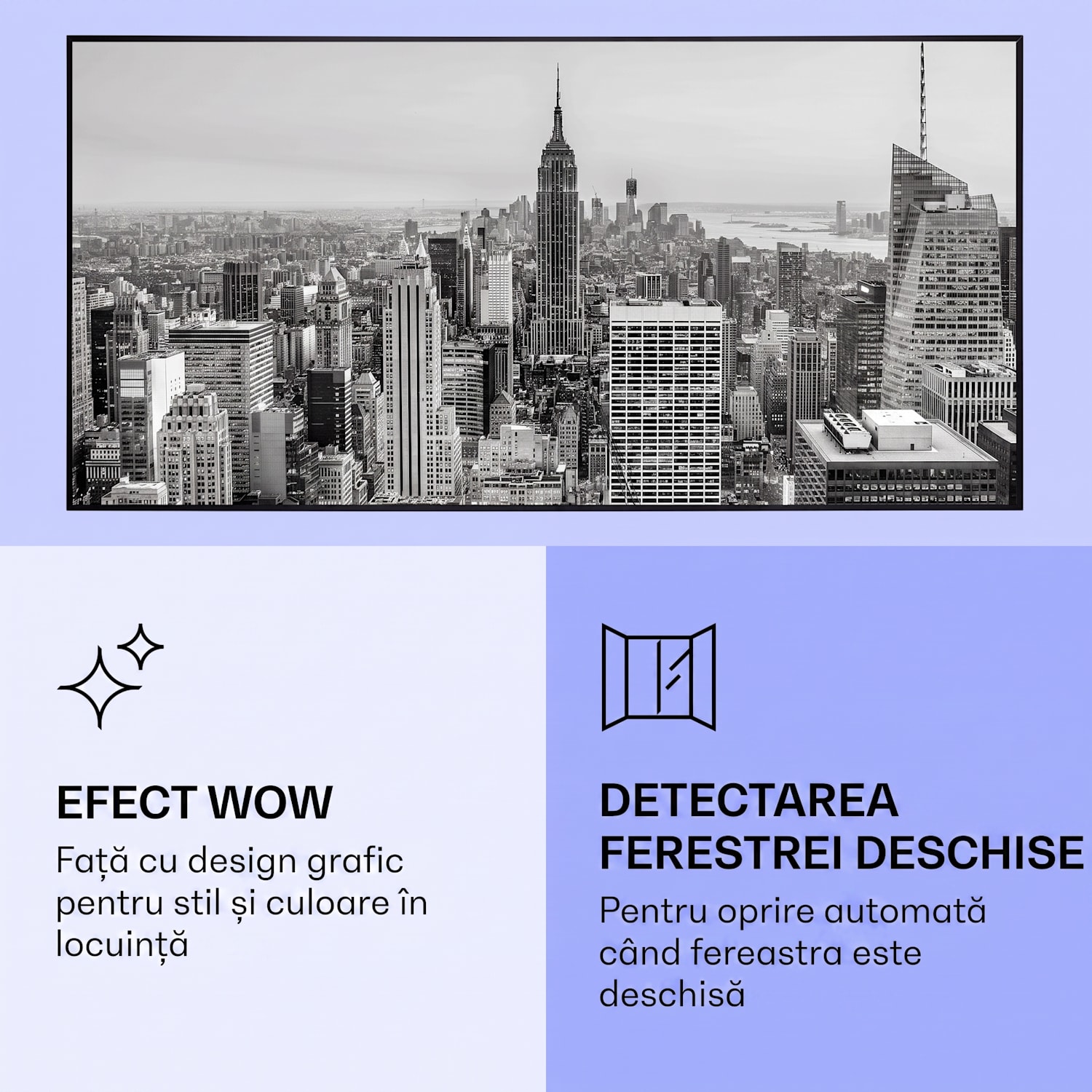 Wonderwall Air Art Smart, radiator cu infraroșu, New York City, 120 x 60 cm, 700 W 120 x 60 cm | 700 W | NYC | Negru