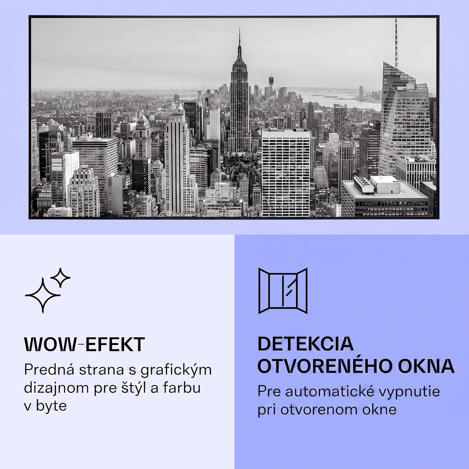 Wonderwall Air Art Smart, infračervený ohrievač, 120 × 60 cm, 700 W, New York City 120 x 60 cm | 700 W | NYC | Čierna